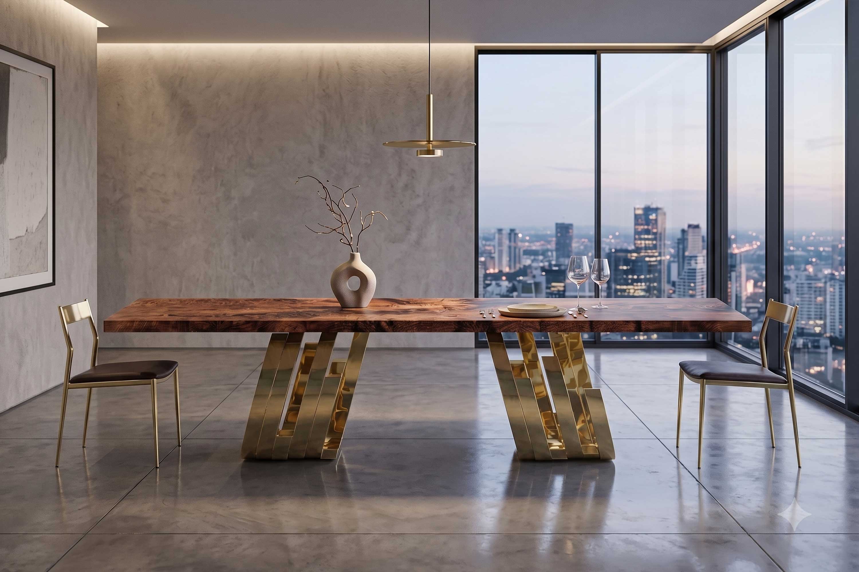 Oculus Dining Table in polished bronze, sculptural oval dining table staged in a bright loft interior with large arched windows, Palena Studio