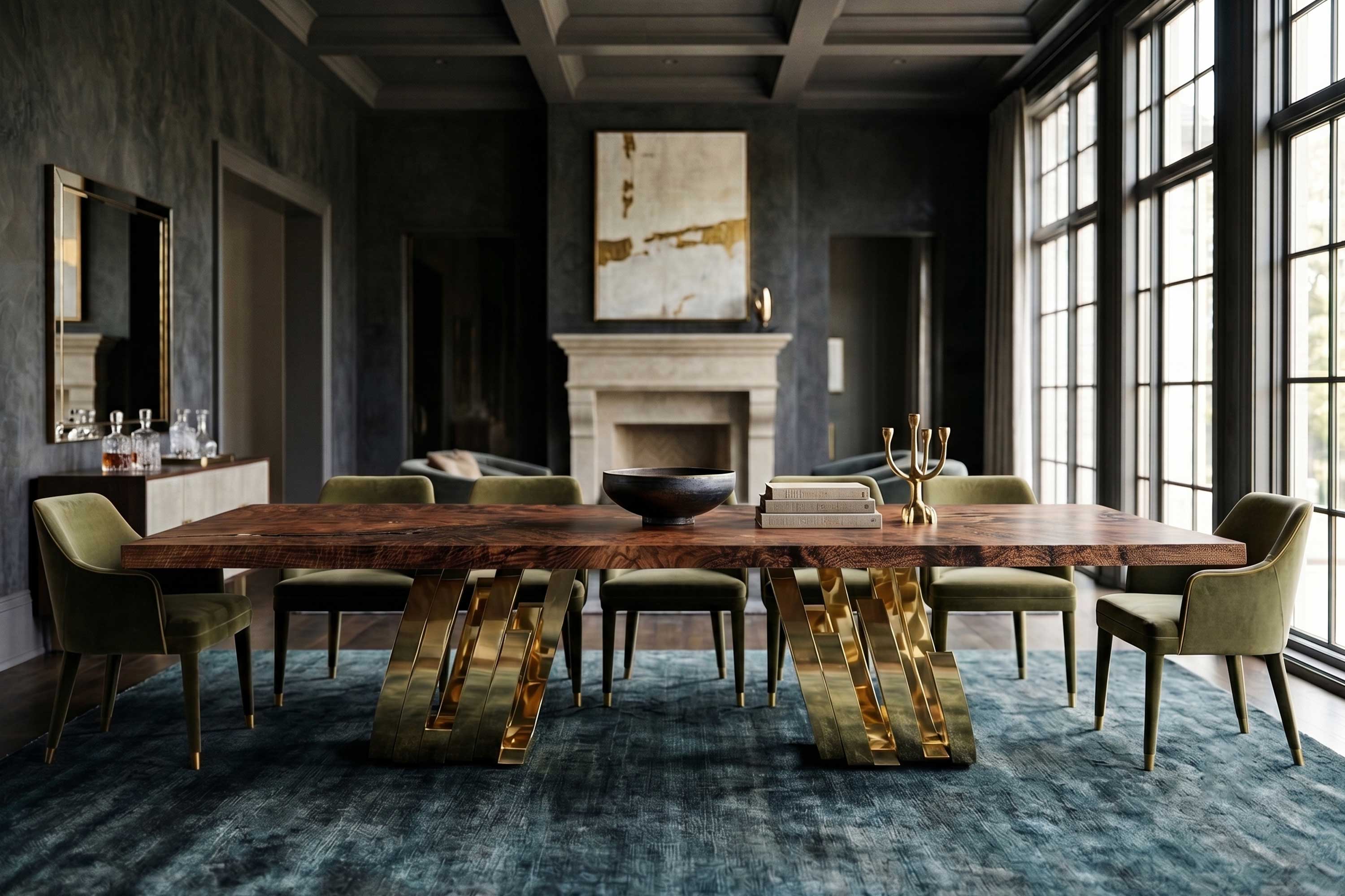 Oculus Dining Table in polished bronze, sculptural oval dining table staged in a grand loft interior with tall arched brick windows, Palena Studio