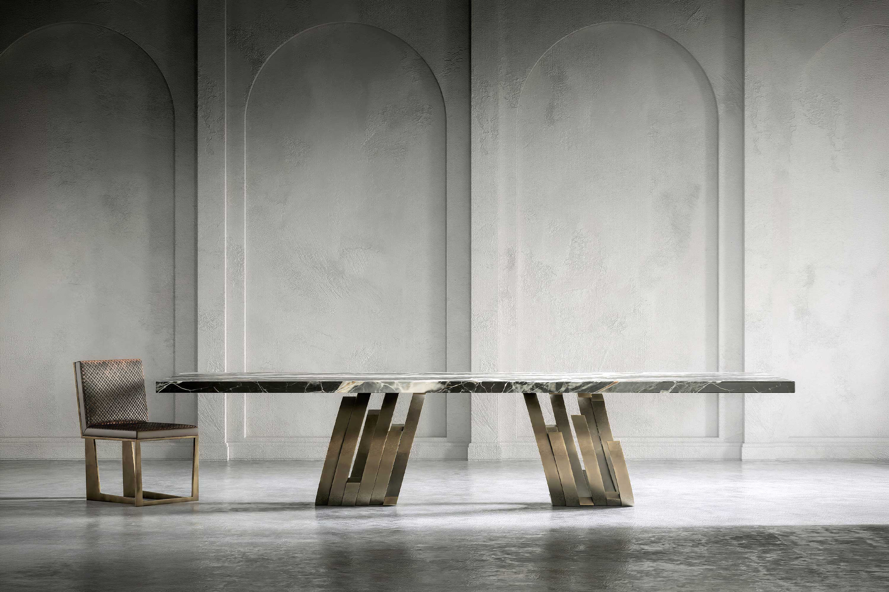 Oculus Dining Table in bronze, sculptural oval dining table staged in a minimal light-filled interior with textured plaster walls — Palena Studio