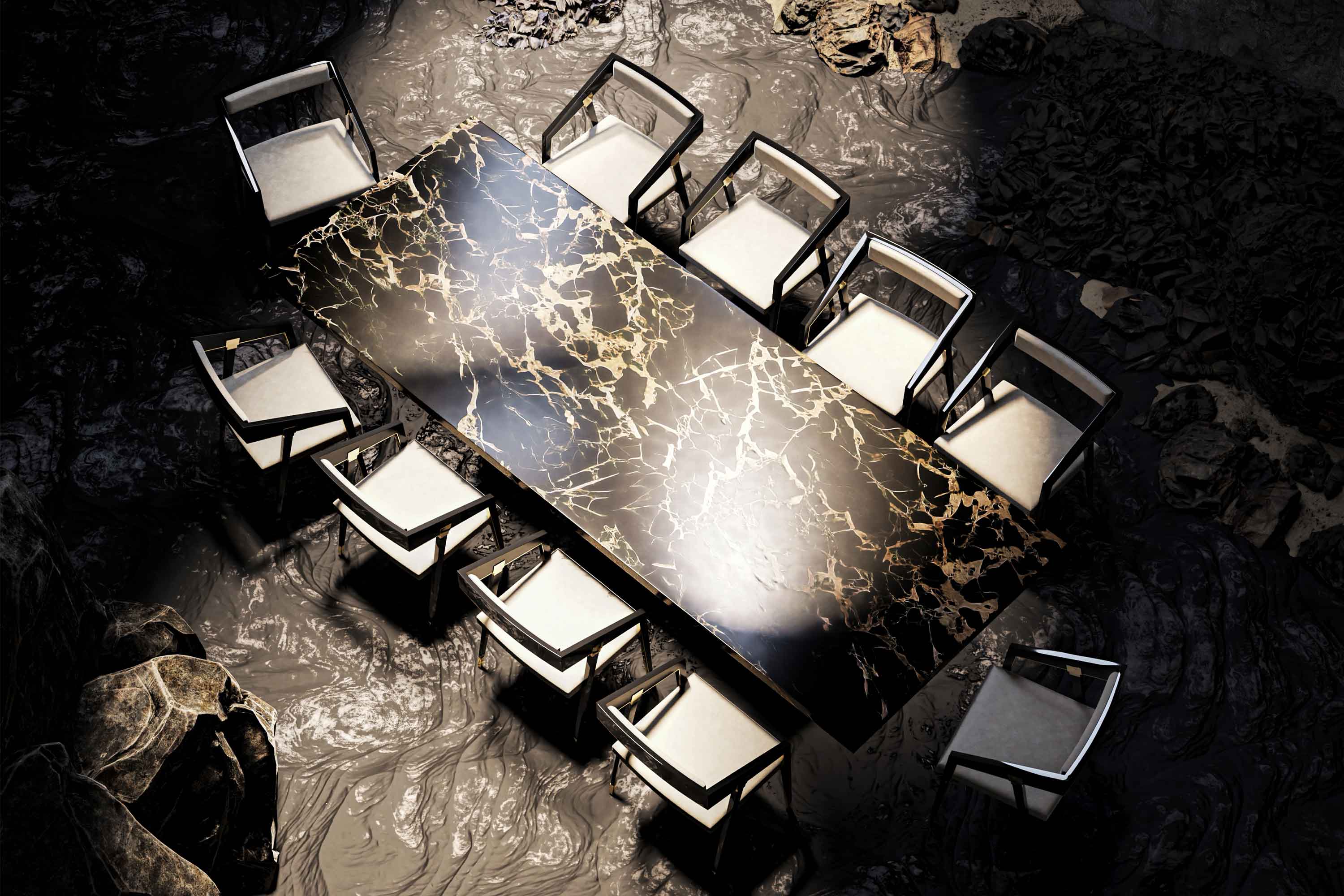 A rectangular marble table with a gold-veined pattern is surrounded by ten modern chairs, placed on a muddy, uneven ground with rocks and dirt visible around the setup.