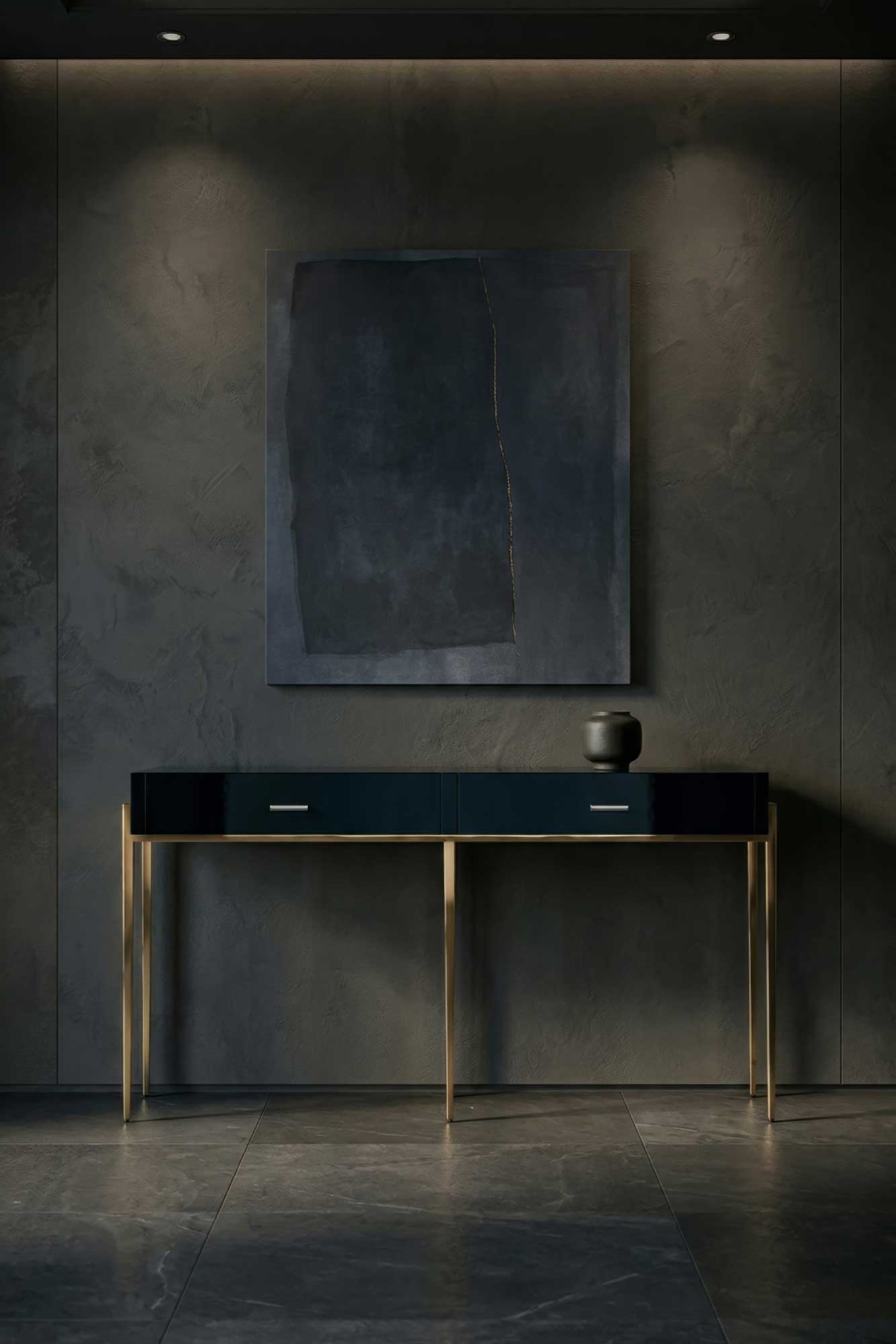 A minimalist interior features a dark console table with gold legs, a small black vase on top, and a large abstract painting with a thin crack line, all set against dark textured walls and floor tiles.