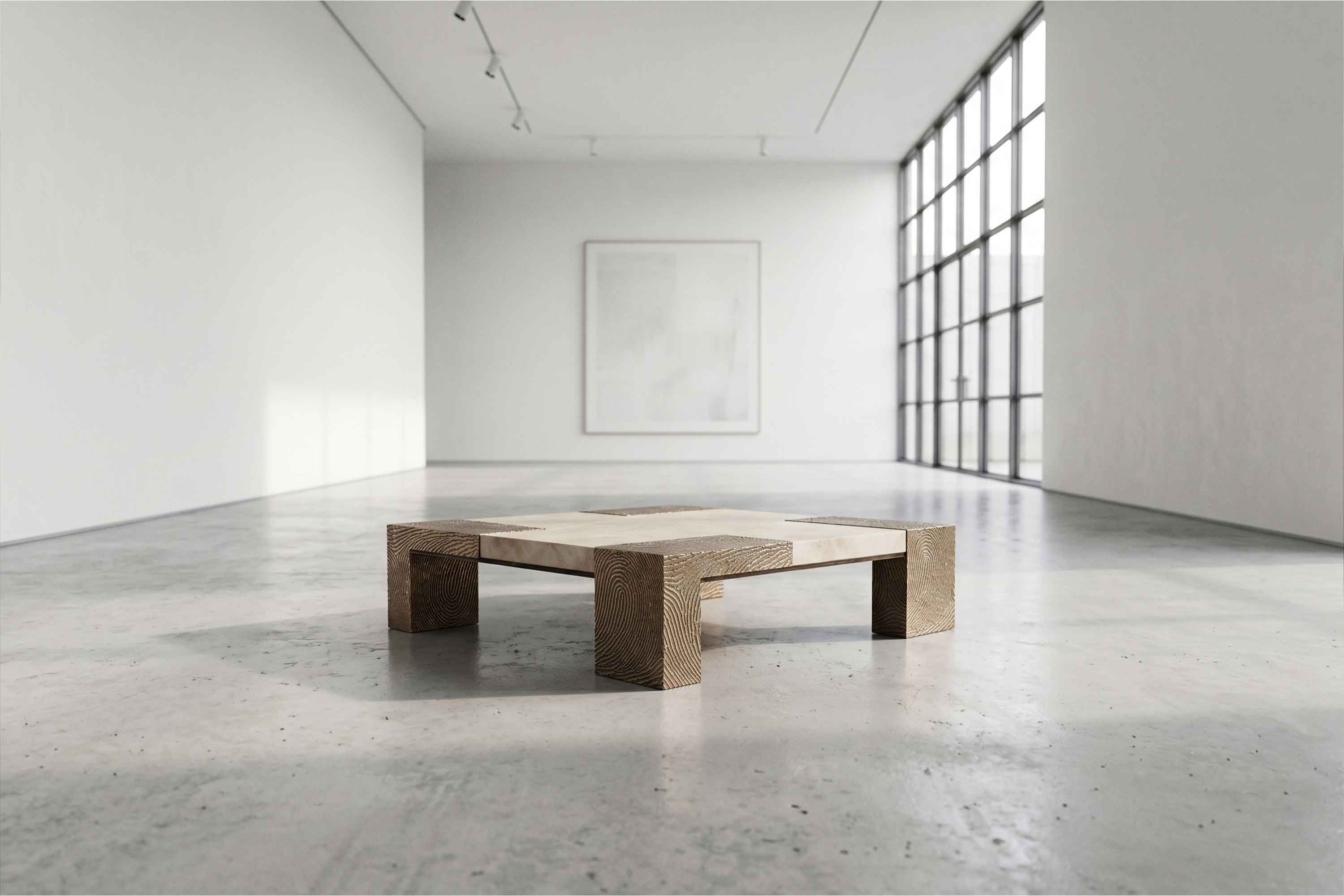 A low, square wooden table with thick legs sits in the center of a spacious, minimalist gallery with polished concrete floors, large windows, white walls, and a single abstract artwork hanging in the background.