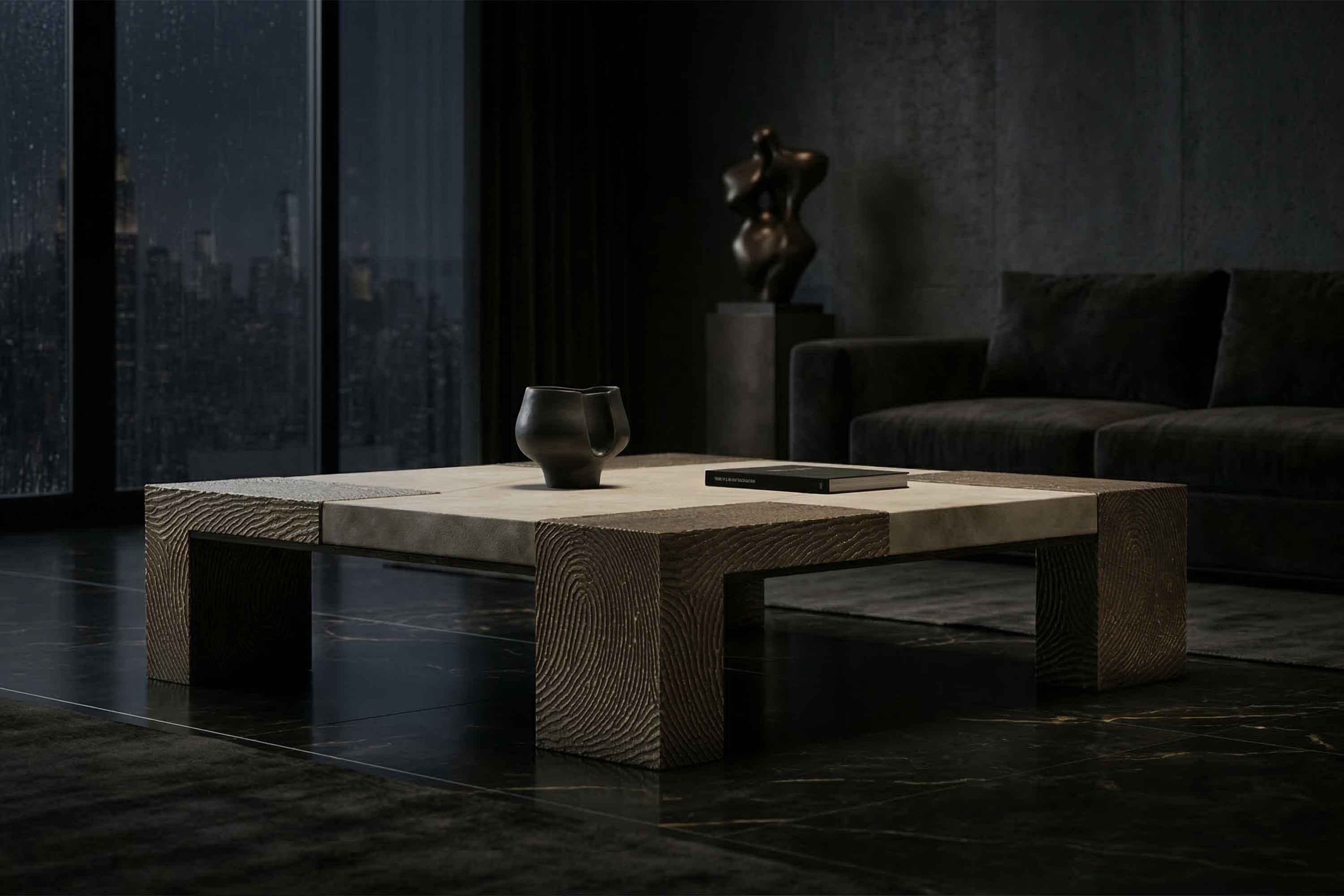 A modern living room with a large square coffee table, a black vase, and a book. Theres a dark sofa, a sculpture, and a window showing a rainy cityscape at night. The room has dark walls and a glossy floor.
