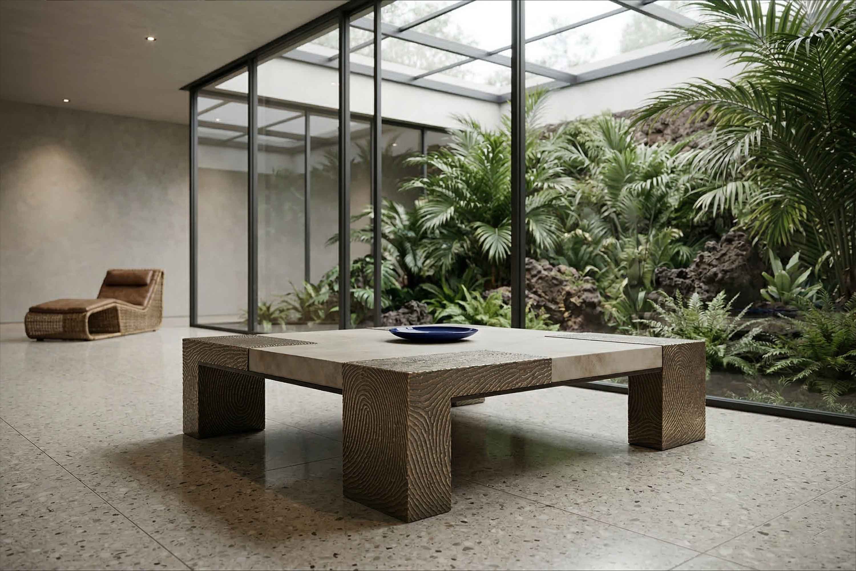A modern room with a low square coffee table, a blue dish on top, terrazzo flooring, a wicker lounge chair, and large glass windows showing lush green plants outside.