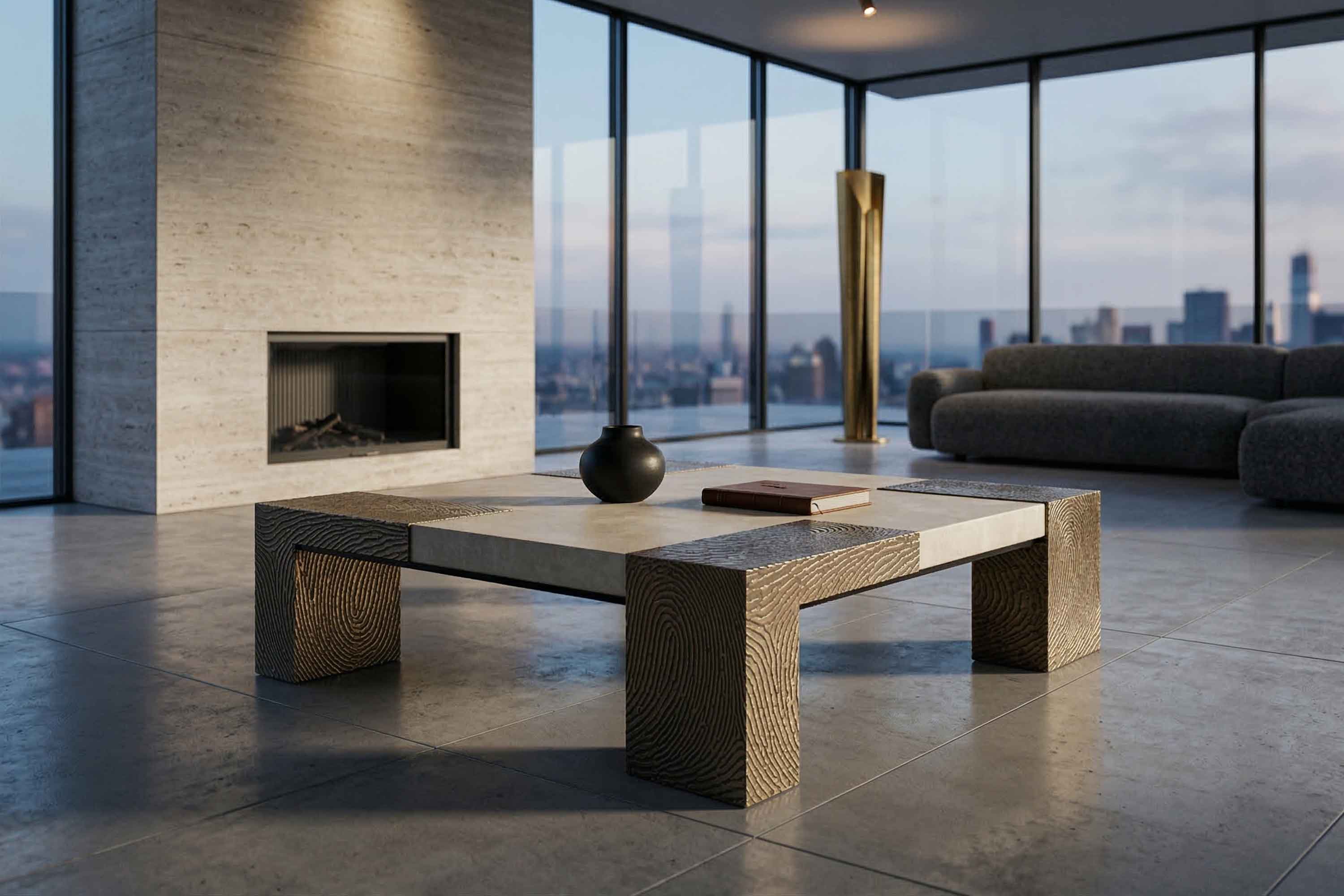 Modern living room with large windows, city view, a low coffee table with a black vase and book, a fireplace on the left, a gray sofa in the back, and a tall gold sculpture near the window.