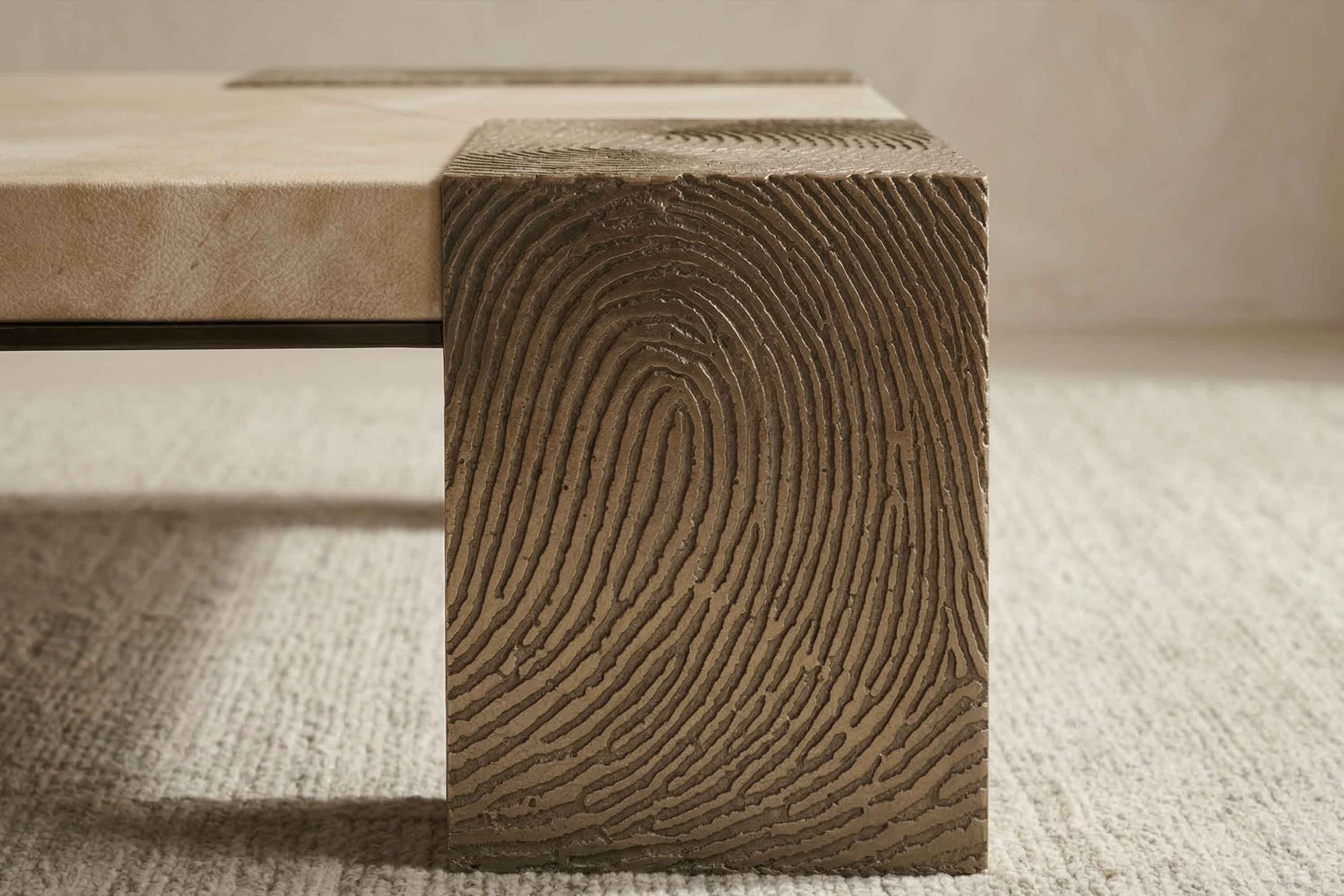 A close-up of a table corner with a base featuring a carved fingerprint pattern, placed on a textured light-colored carpet.
