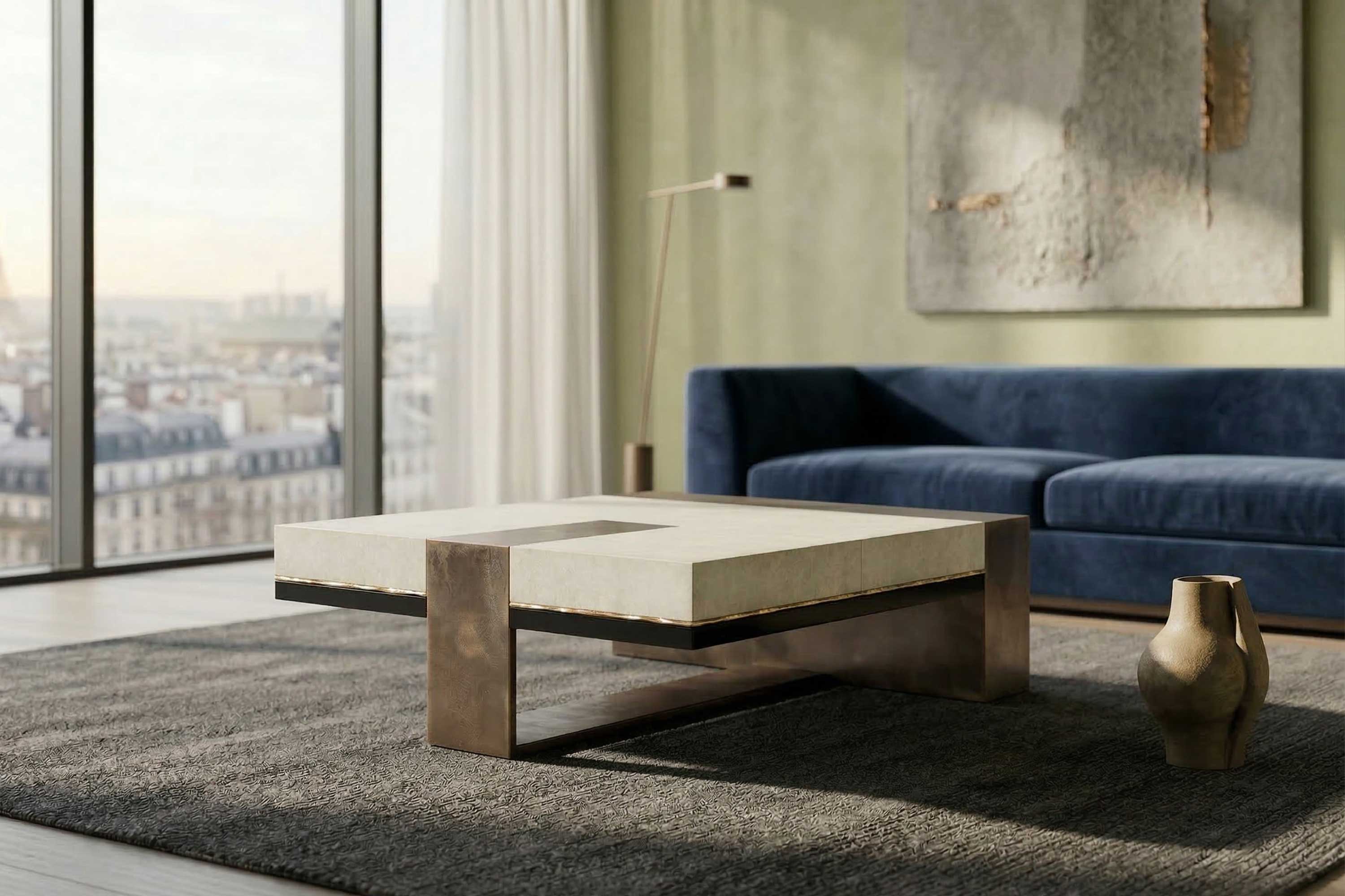 A modern living room with a large window, gray rug, square coffee table with a metal base, navy blue sofa, floor lamp, abstract wall art, and a ceramic vase on the floor. City buildings are visible outside.