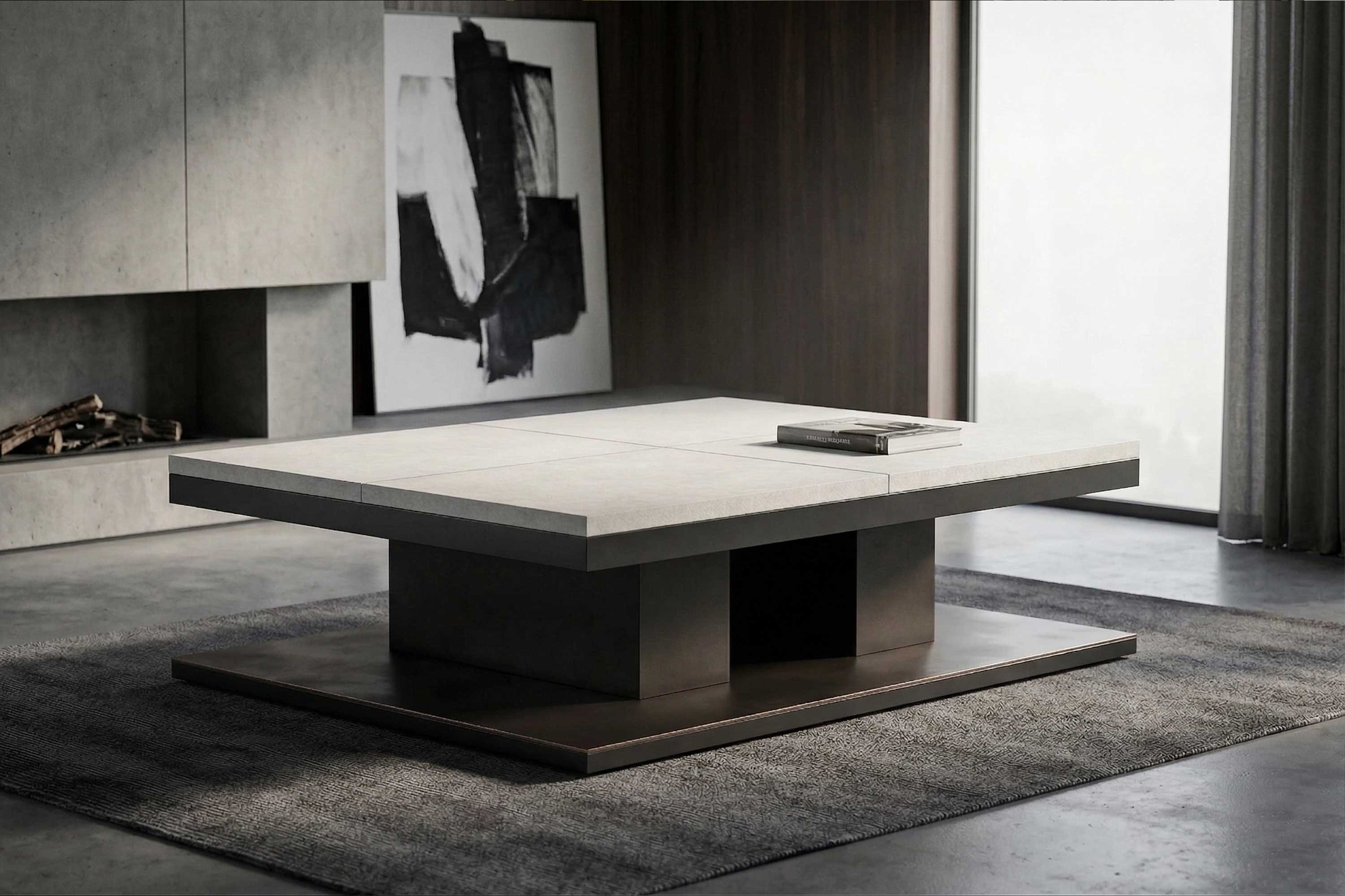 Modern living room with a large, square, minimalist coffee table on a rug. A book rests on the table. Abstract artwork leans against the wall near a fireplace. Floor-to-ceiling window covered with sheer curtains lets in natural light.