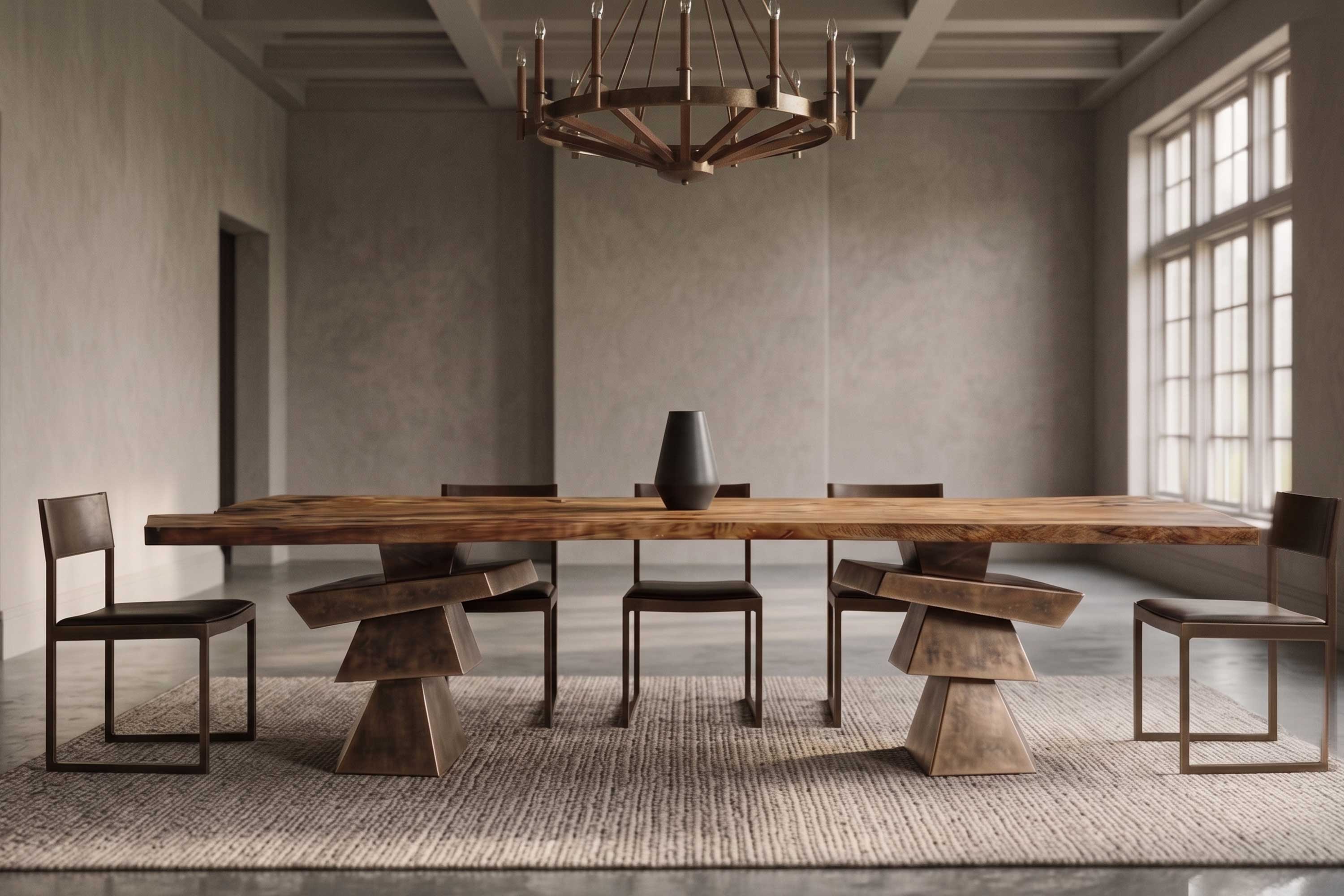 Roche Dining Table in patina bronze, sculptural dining table staged in a bright minimal interior with chandelier overhead — Palena Studio