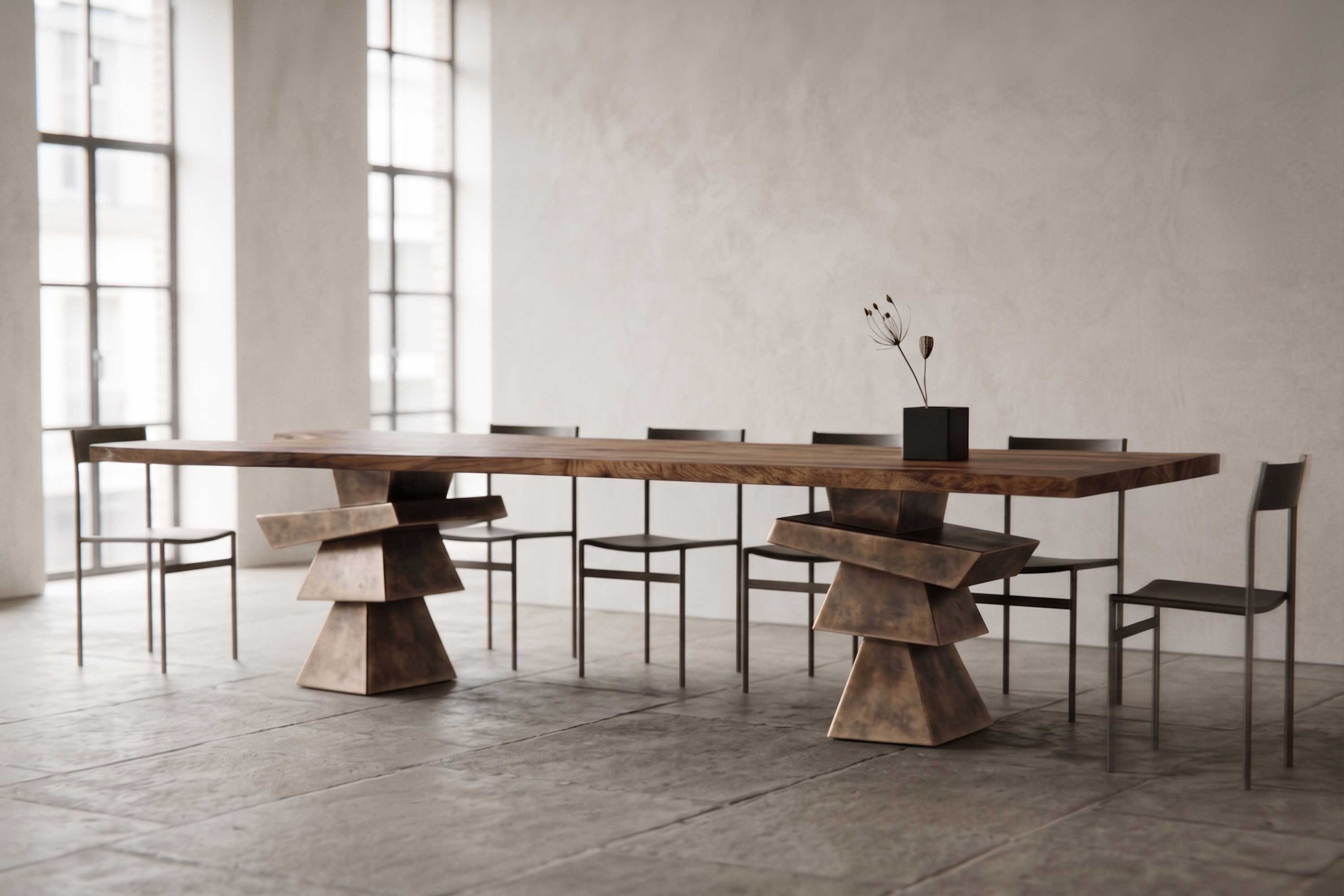 Roche Dining Table in patina bronze, sculptural dining table staged in a bright minimal interior with tall industrial windows — Palena Studio