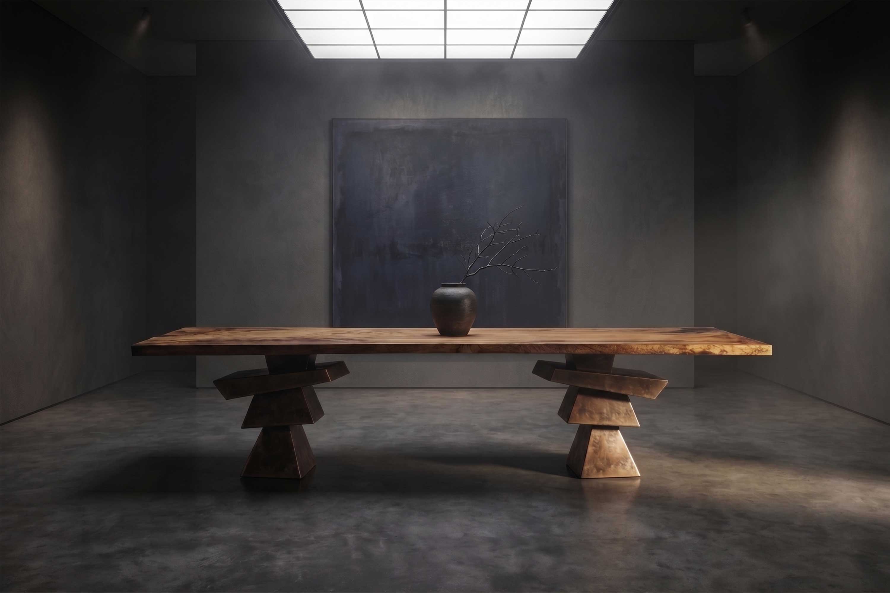 Roche Dining Table in patina bronze, sculptural dining table staged in a dark minimal interior with deep shadow tones — Palena Studio