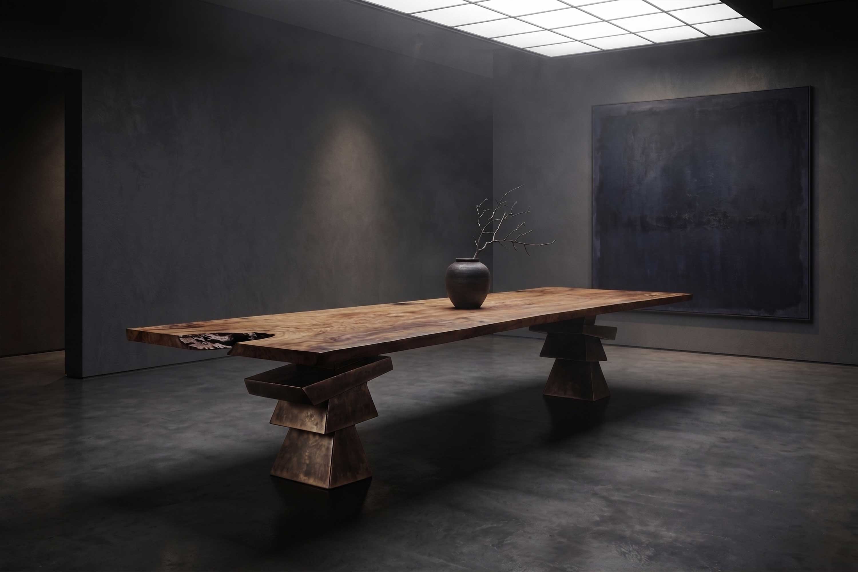 Roche Dining Table in patina bronze, sculptural slab-top dining table staged in a dramatic dark interior with deep matte walls — Palena Studio