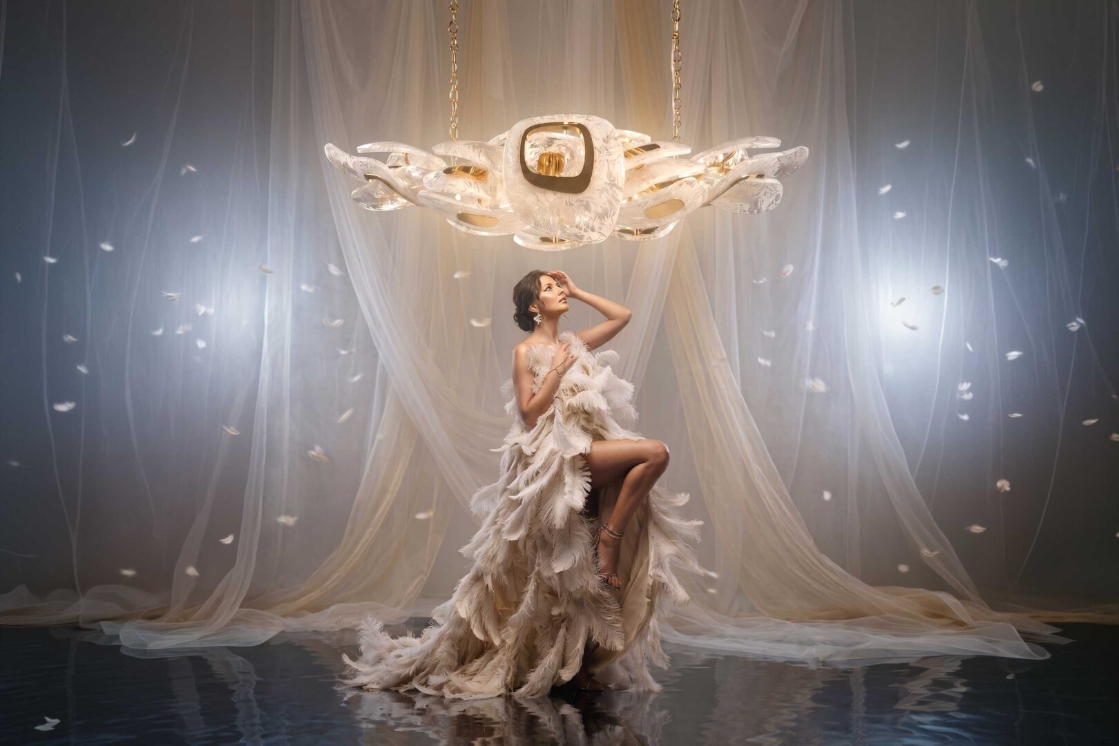 Swan Chandelier in alabaster and Murano glass, sculptural ceiling light staged against a dark moody interior — Palena Studio