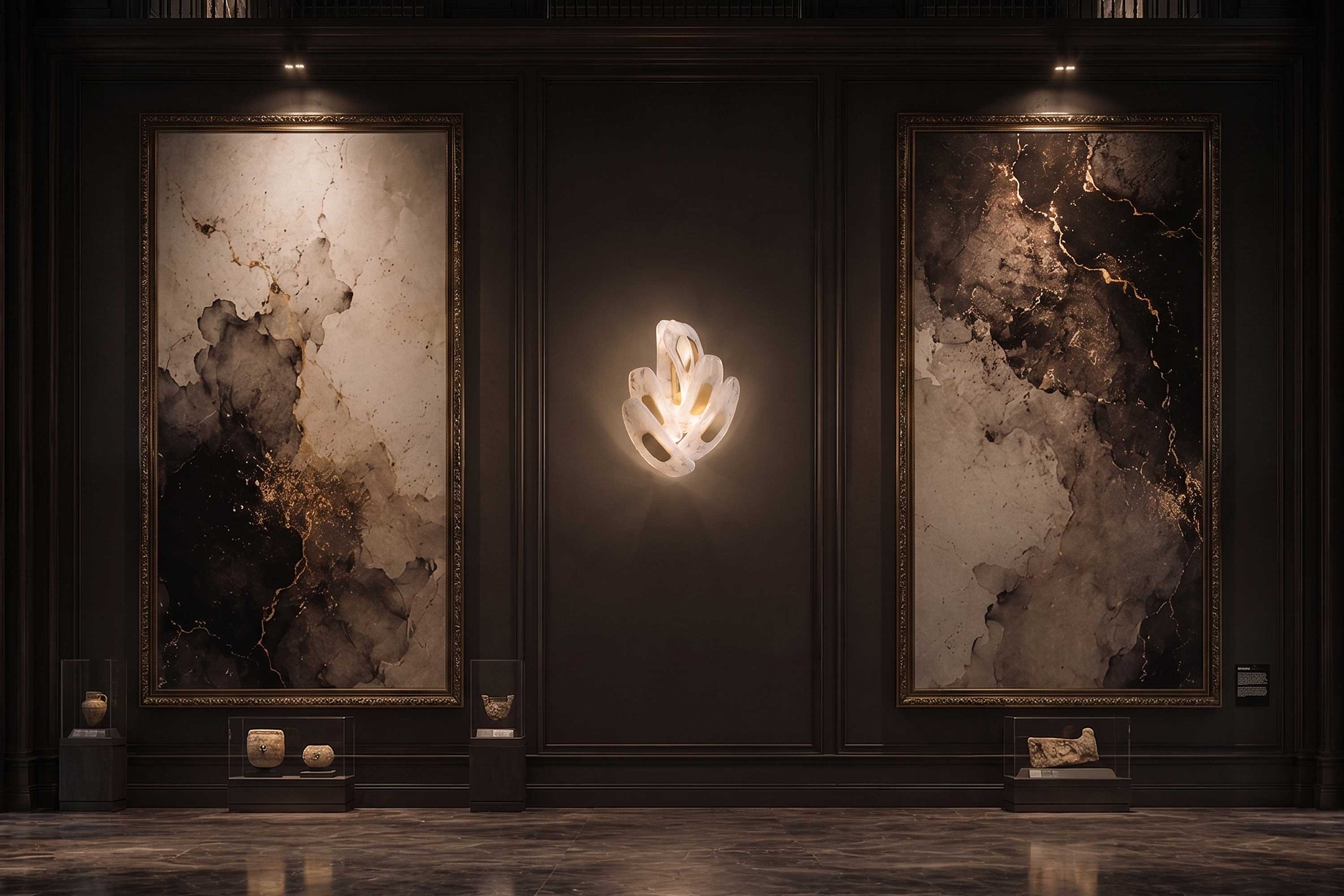 Swan Sconce in alabaster, organic sculptural wall light staged against a textured dark wall — Palena Studio