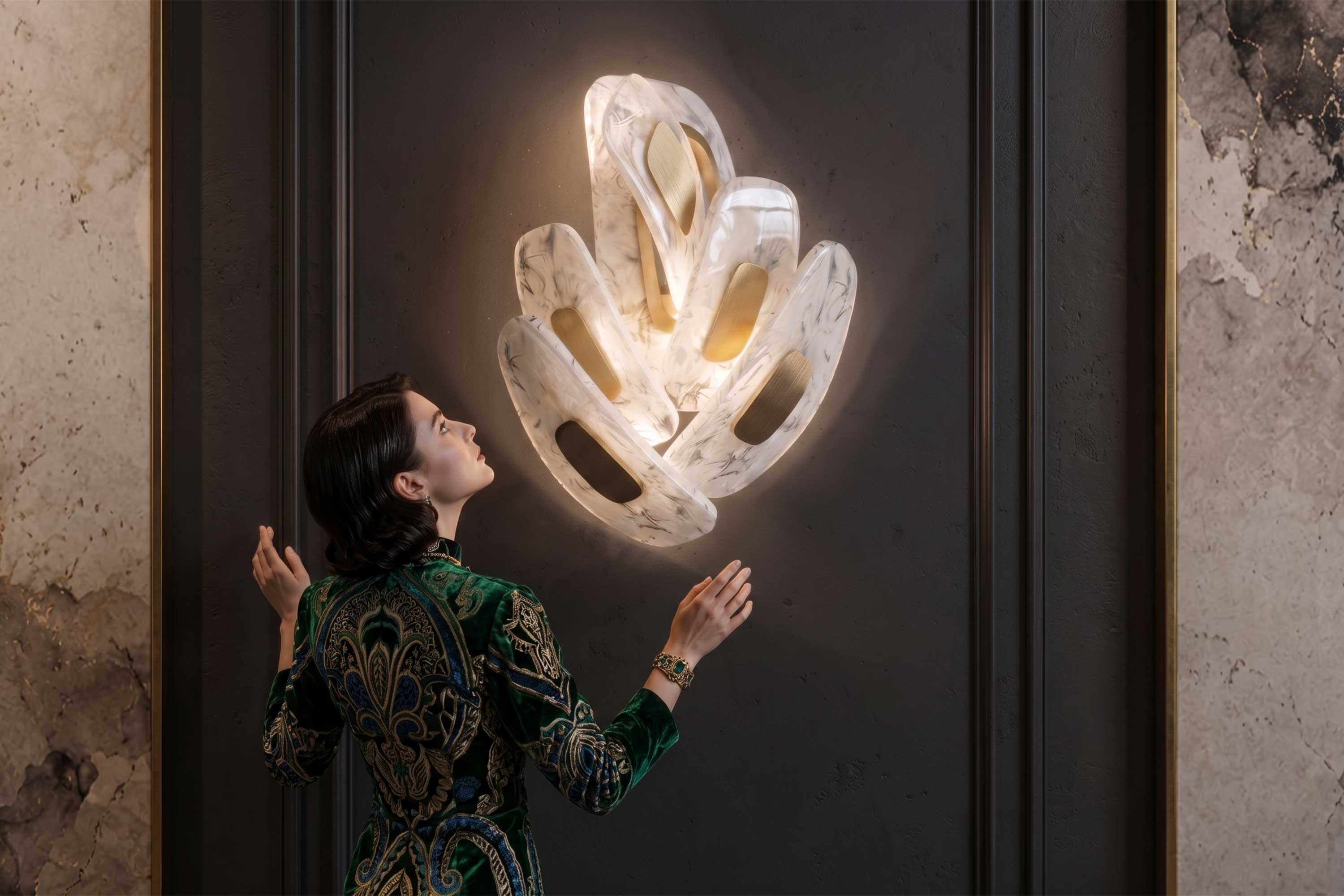 A person in a patterned green outfit stands in front of a handmade sculptural wall light fixture with organic, abstract shapes and a marble-like finish, mounted on a dark panel.