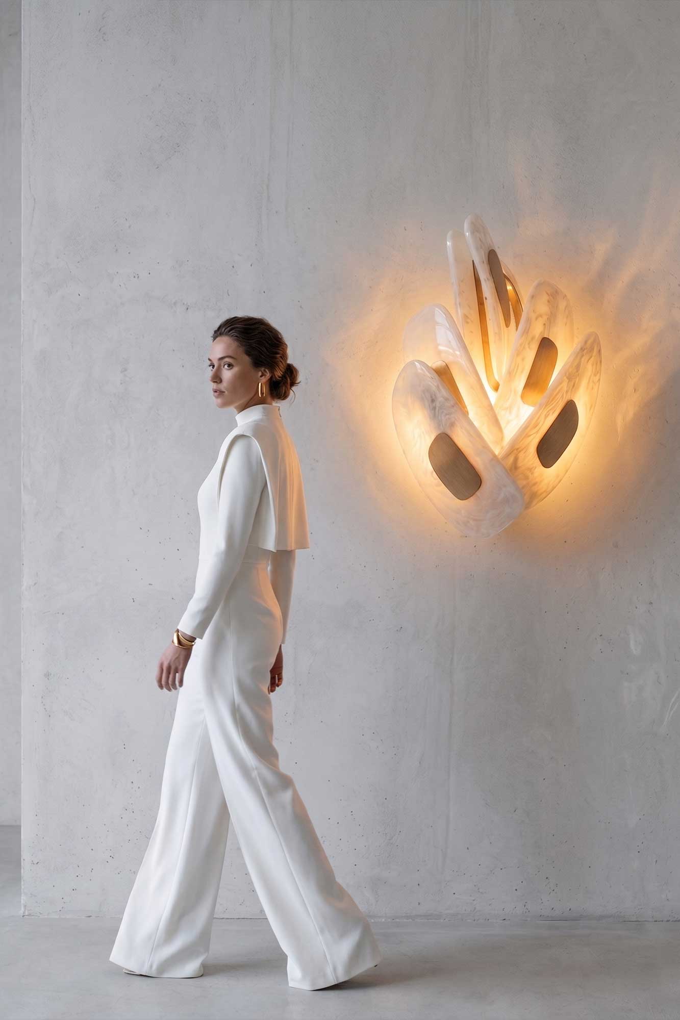 Swan Sconce in milky glass, sculptural wall light staged against a soft neutral interior wall — Palena Studio