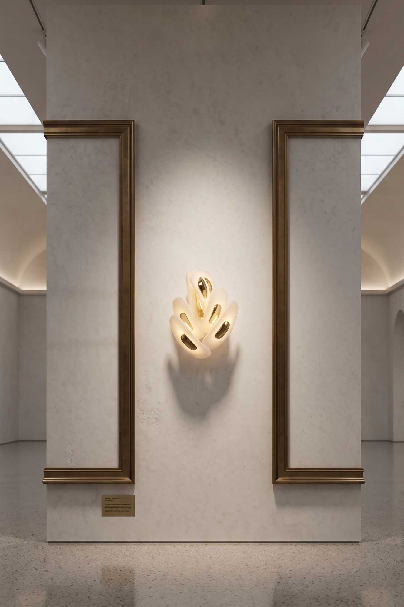 Swan Sconce in milky glass, sculptural leaf-form wall light glowing softly against a neutral wall — Palena Studio