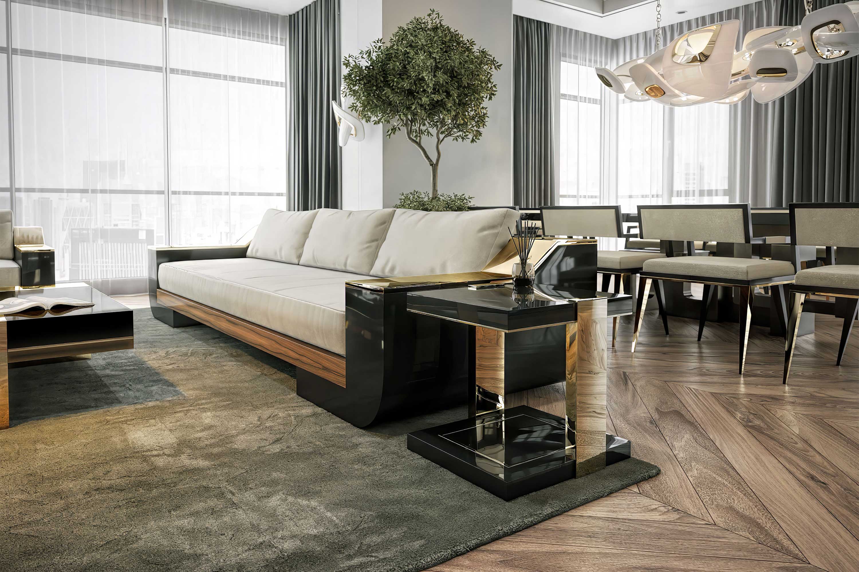 Twin Side Table in bronze, sculptural side table staged in a bright open contemporary living space with indoor tree, Palena Studio