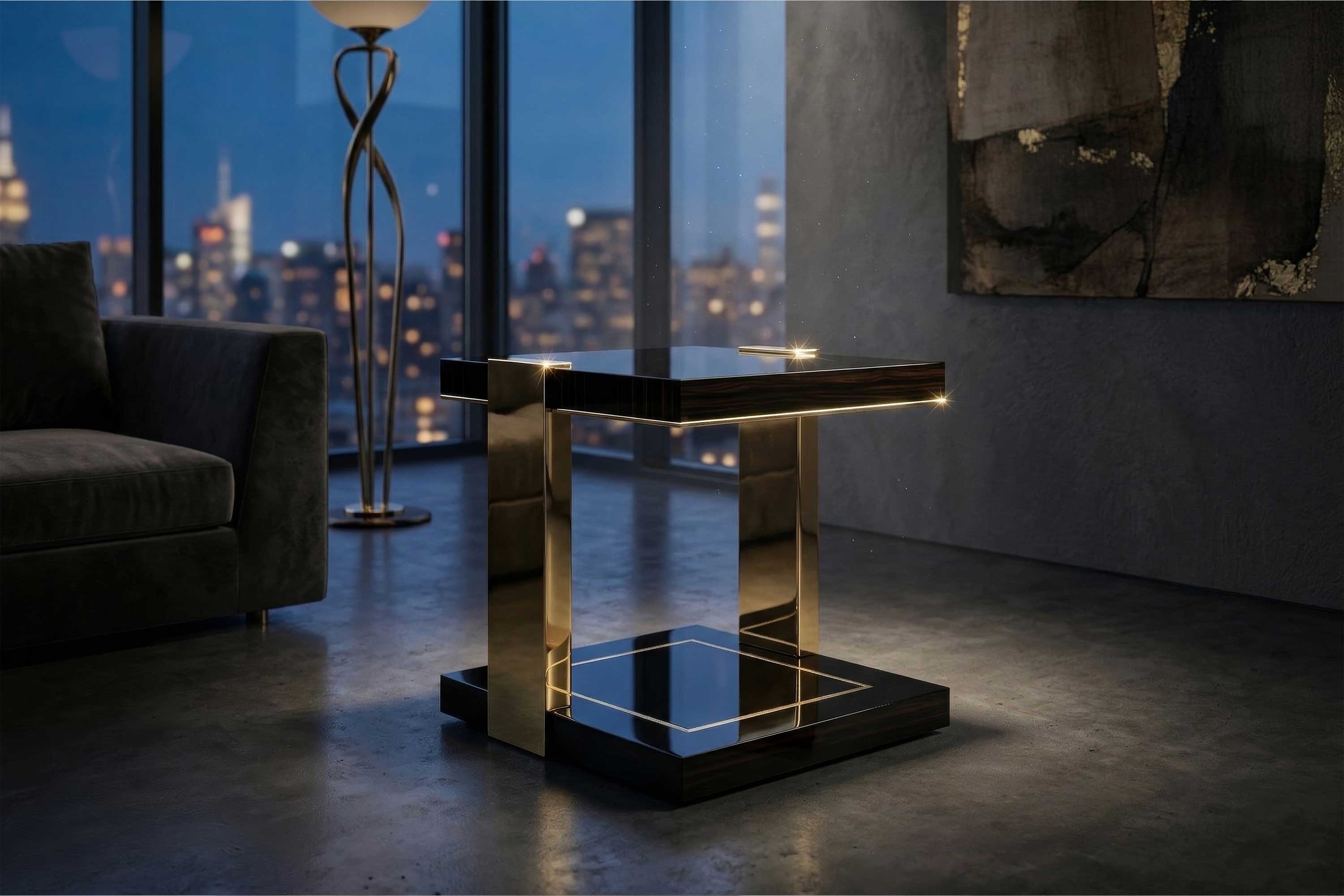 Twin Side Table in bronze, sculptural side table staged in a dark contemporary interior with panoramic city skyline, Palena Studio