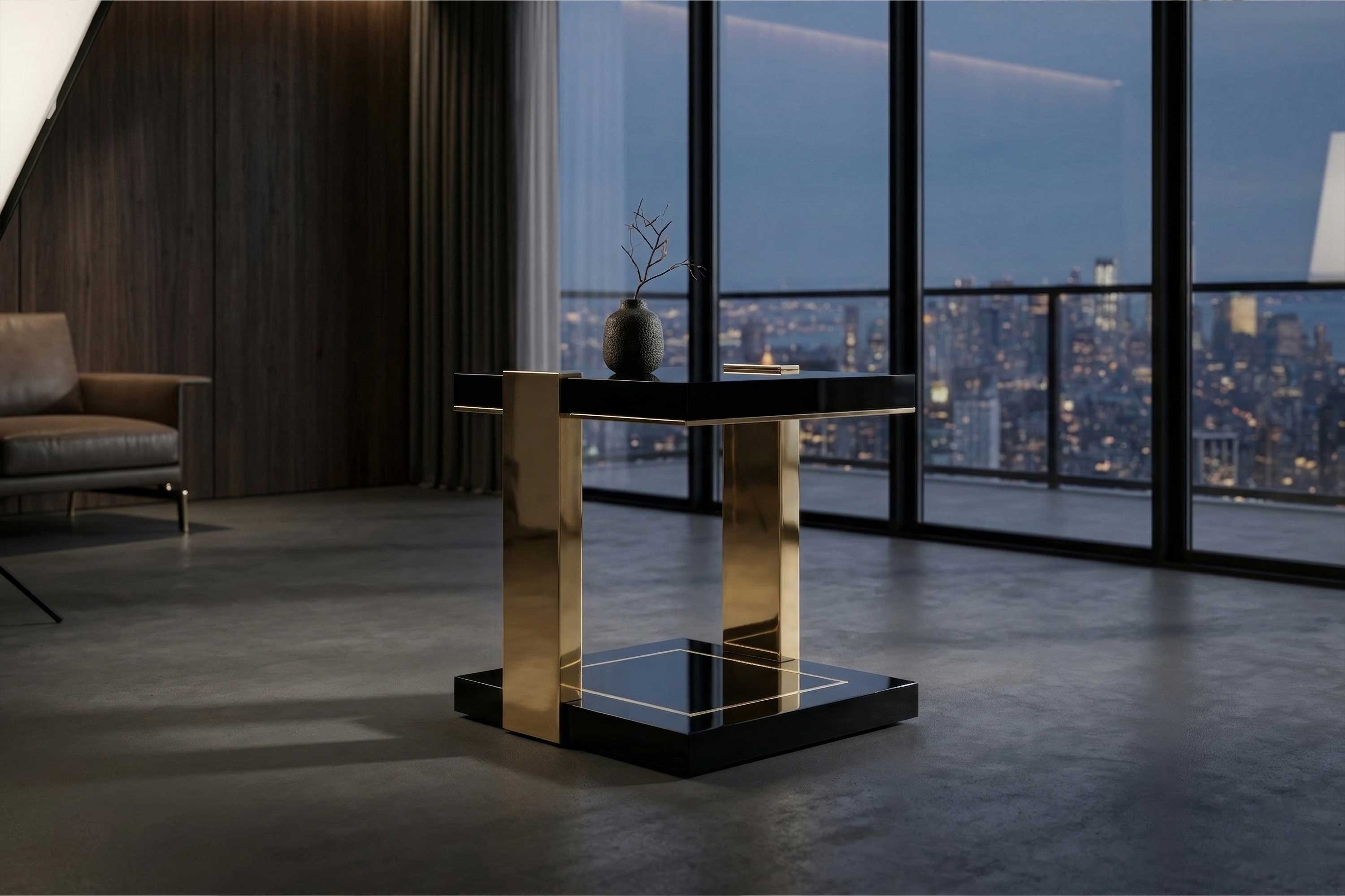 Twin Side Table in bronze, sculptural luxury side table staged in a dark high-rise interior with city night views, Palena Studio
