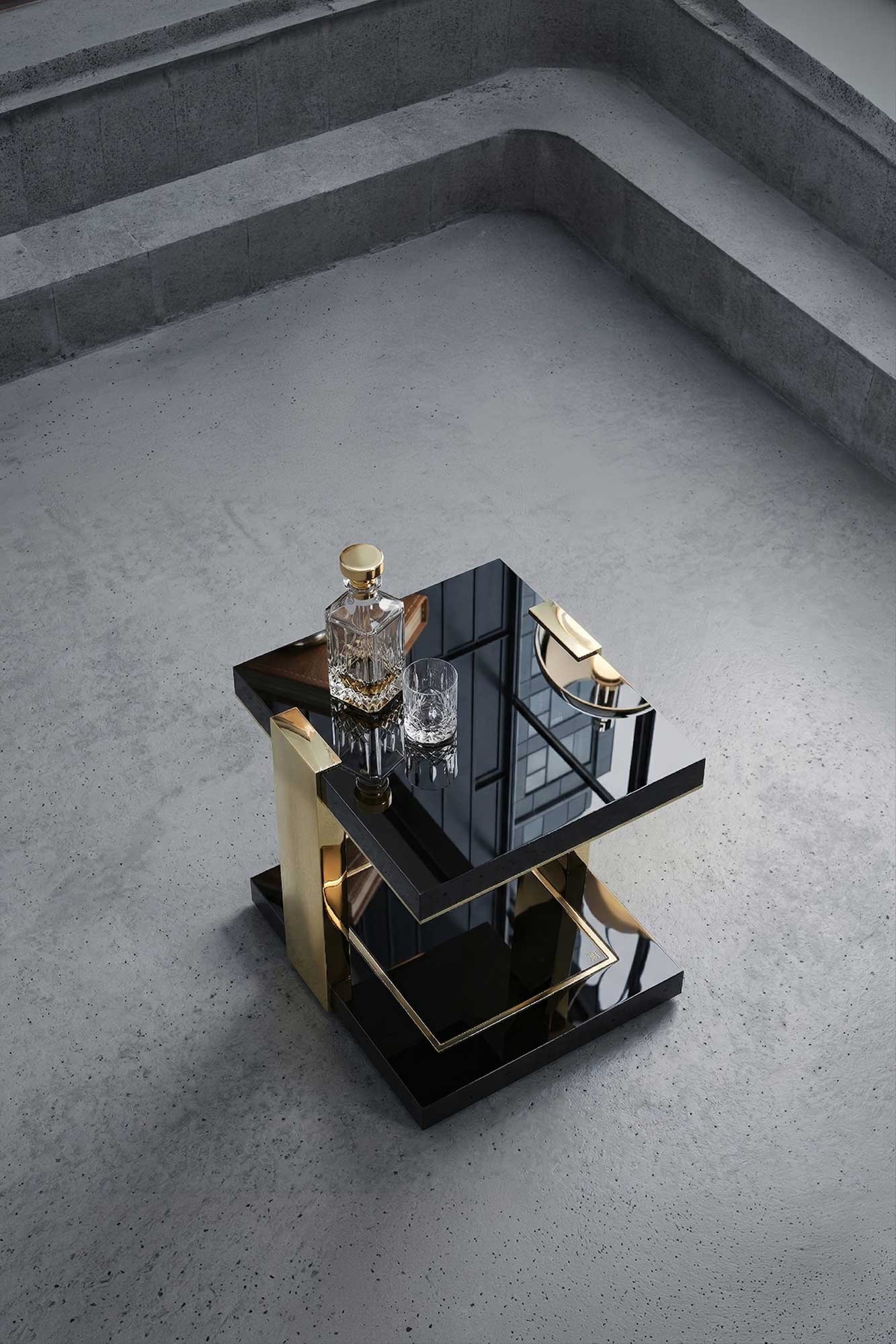 Twin Side Table in bronze, sculptural luxury side table staged in a bright contemporary interior with sculptural objects, Palena Studio