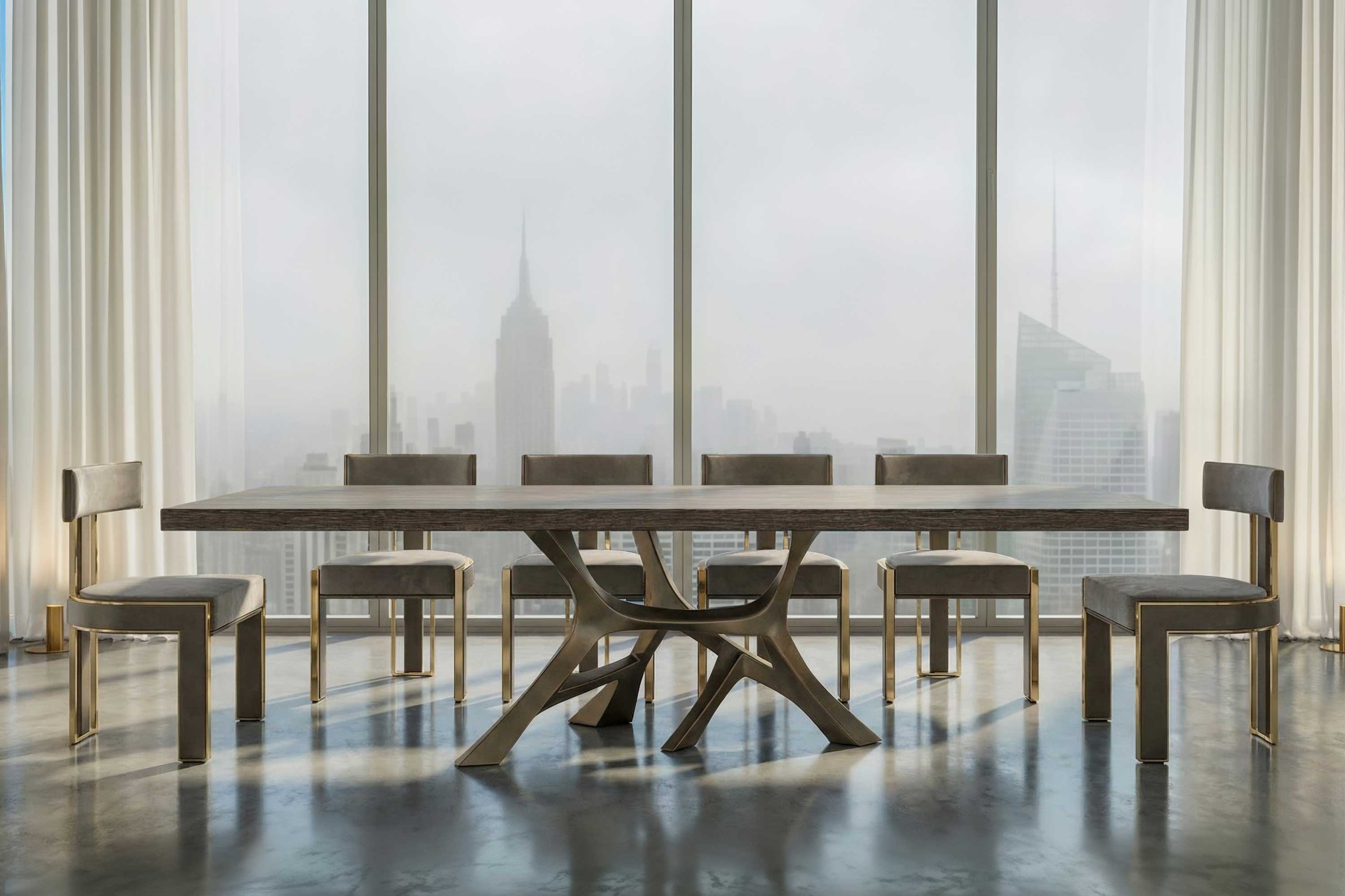 Vena Dining Table in patina bronze, sculptural organic dining table staged in a bright skylit minimal interior — Palena Studio
