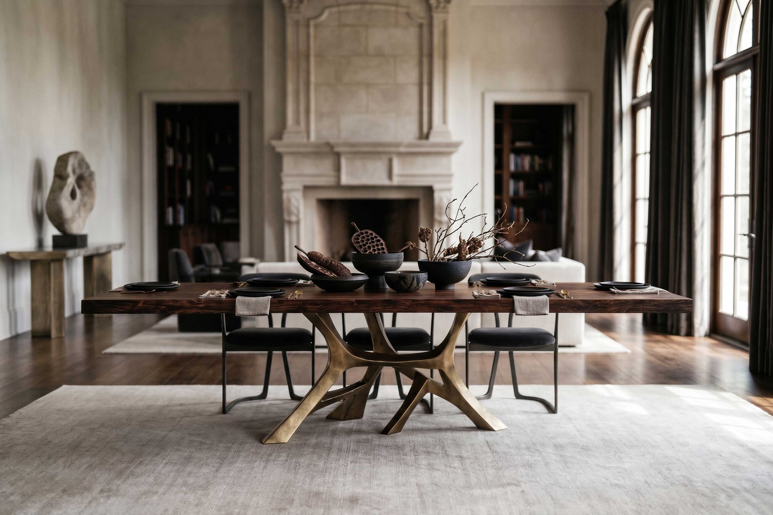 Vena Dining Table in patina bronze, sculptural organic-base dining table staged in a refined warm interior with fireplace — Palena Studio