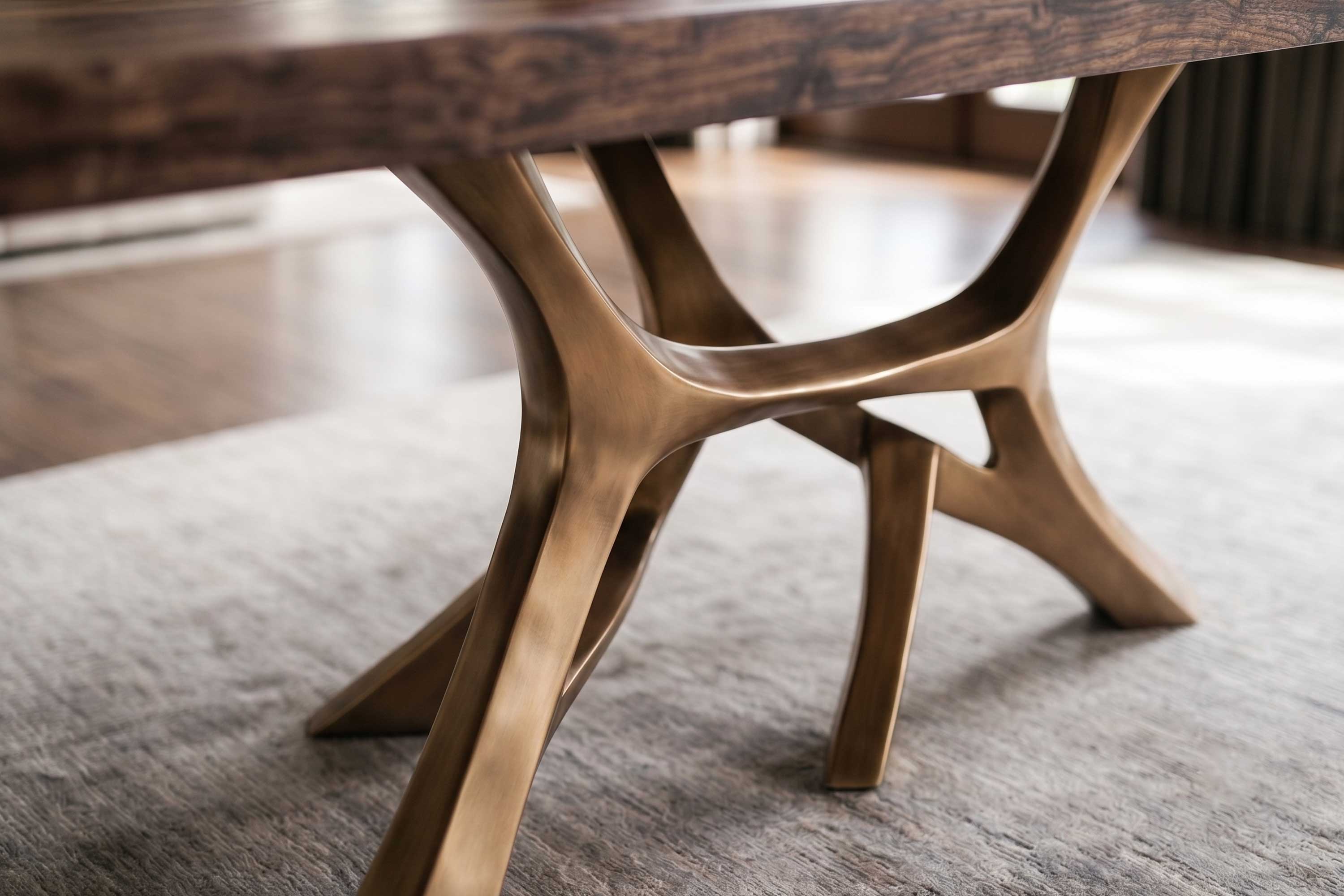 Vena Dining Table in patina bronze, sculptural flowing-base dining table staged in a bright interior with floor-to-ceiling windows — Palena Studio