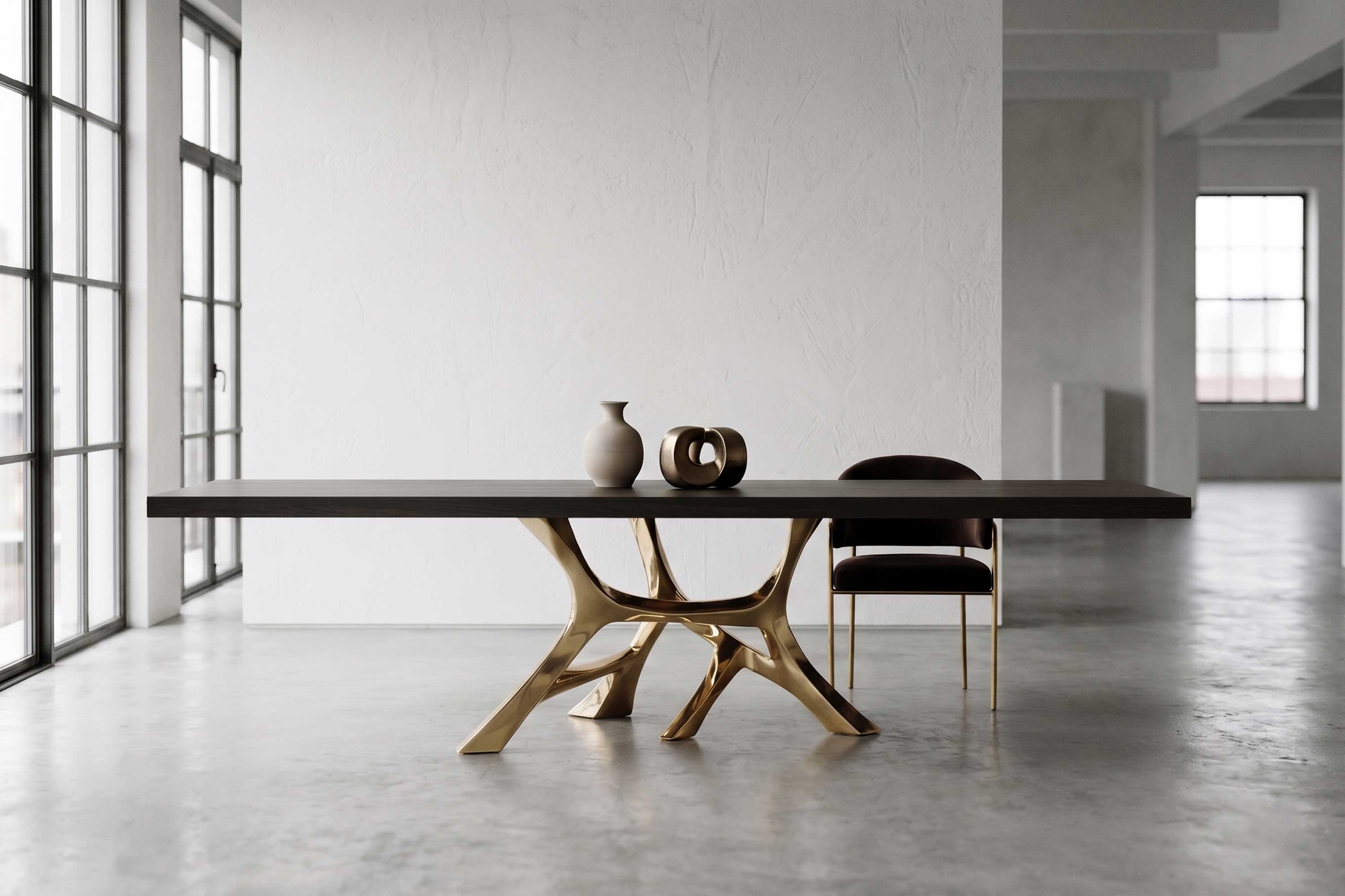 Vena Dining Table in polished bronze, sculptural flowing-base dining table staged in a dark dramatic interior — Palena Studio