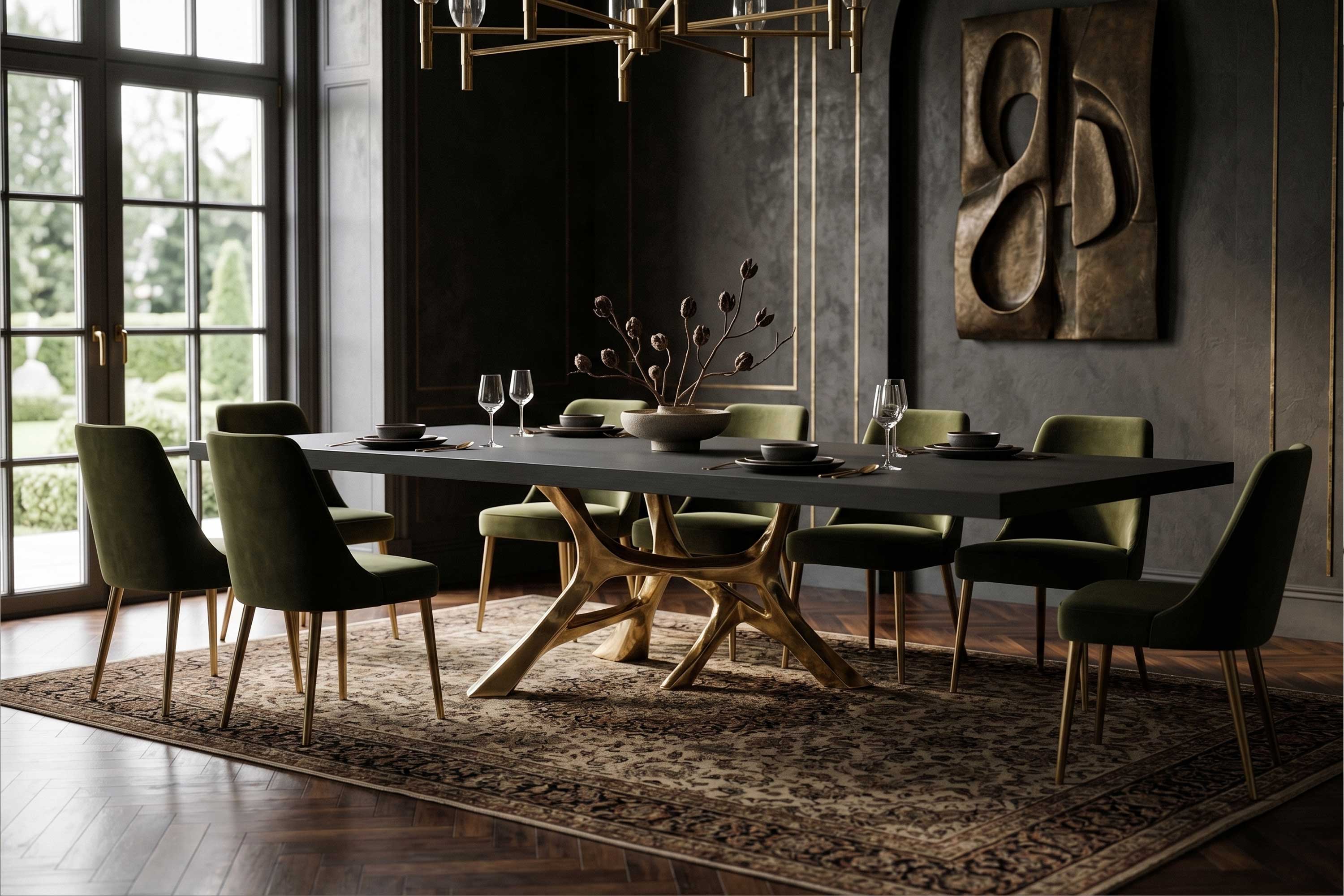 Vena Dining Table in polished bronze, sculptural flowing-base dining table staged in a bright contemporary interior — Palena Studio