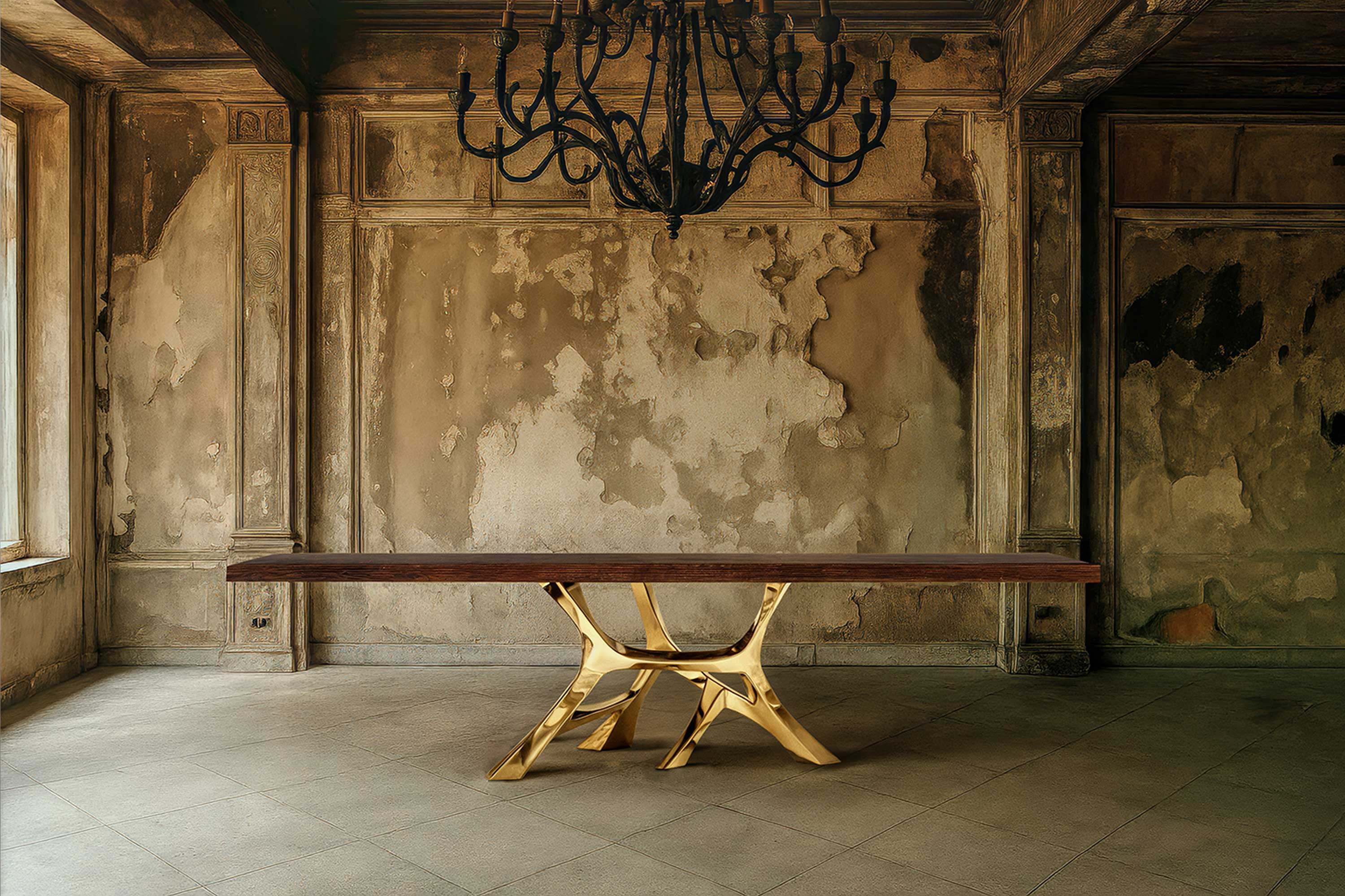 A gold-based wooden table, a striking piece of bespoke furniture, sits in the center of a worn, aged room with peeling paint and plaster. A large black chandelier hangs from the ceiling above the table. Two windows let in natural light from the left.