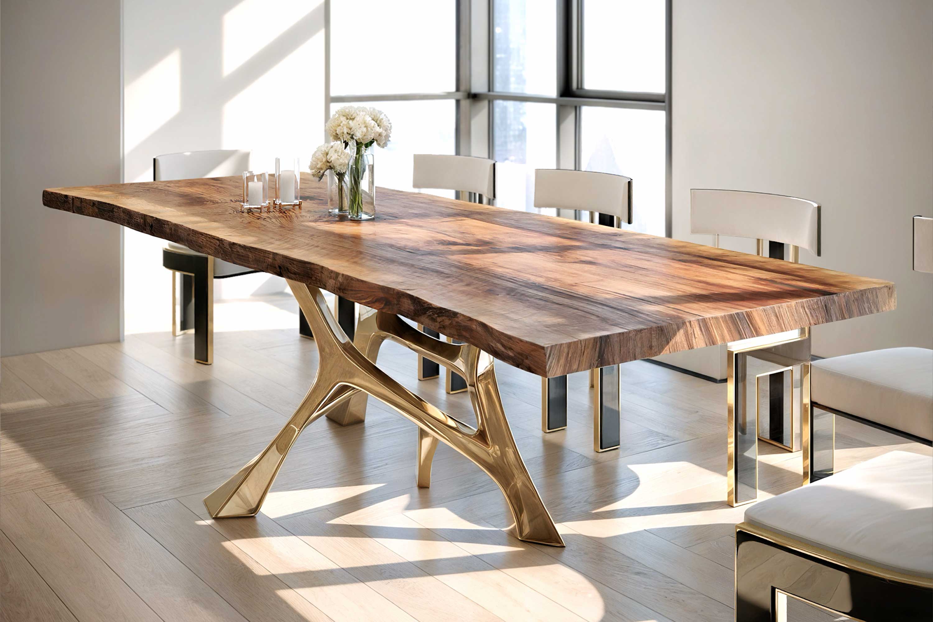Vena Dining Table in polished bronze, sculptural organic dining table staged in a refined warm contemporary interior — Palena Studio