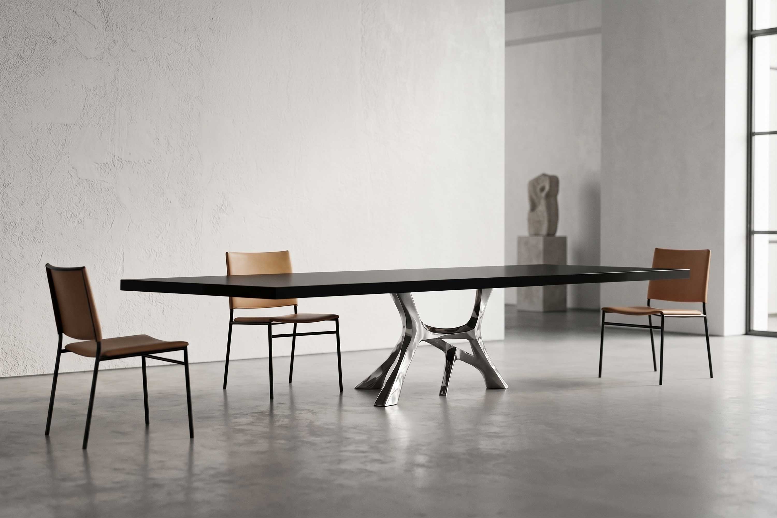 Vena Dining Table in stainless steel, sculptural organic-base dining table staged in a bright minimal contemporary interior — Palena Studio