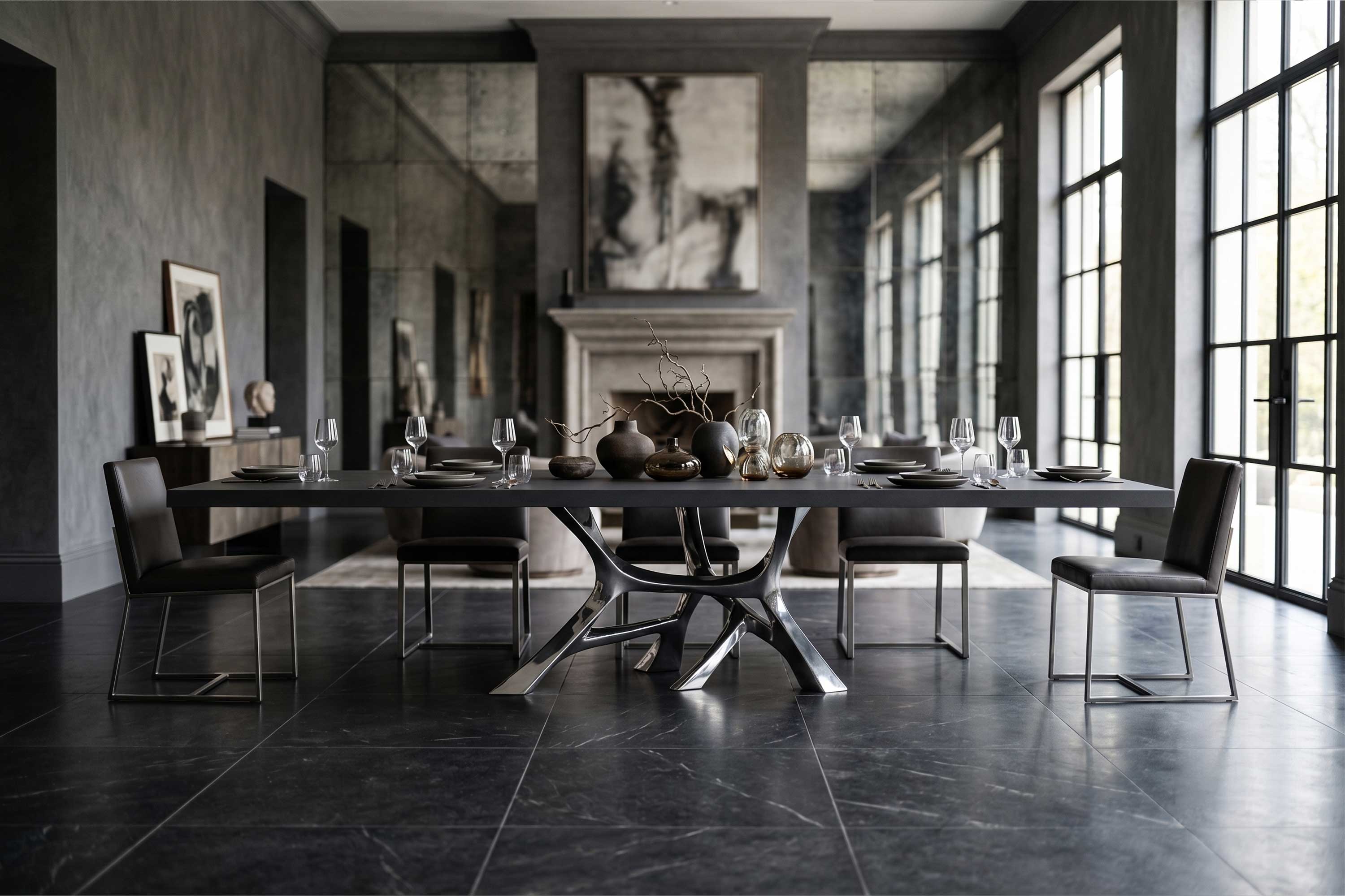 Vena Dining Table in stainless steel, sculptural organic-base rectangular table staged in a dark dramatic dining room with Swan chandelier — Palena Studio
