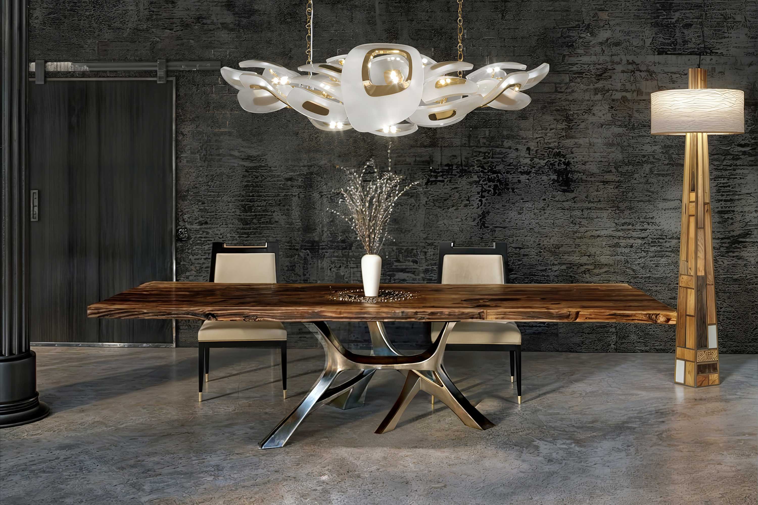 Vena Dining Table in polished stainless steel, sculptural flowing-base dining table staged in a bright minimal interior with large windows — Palena Studio