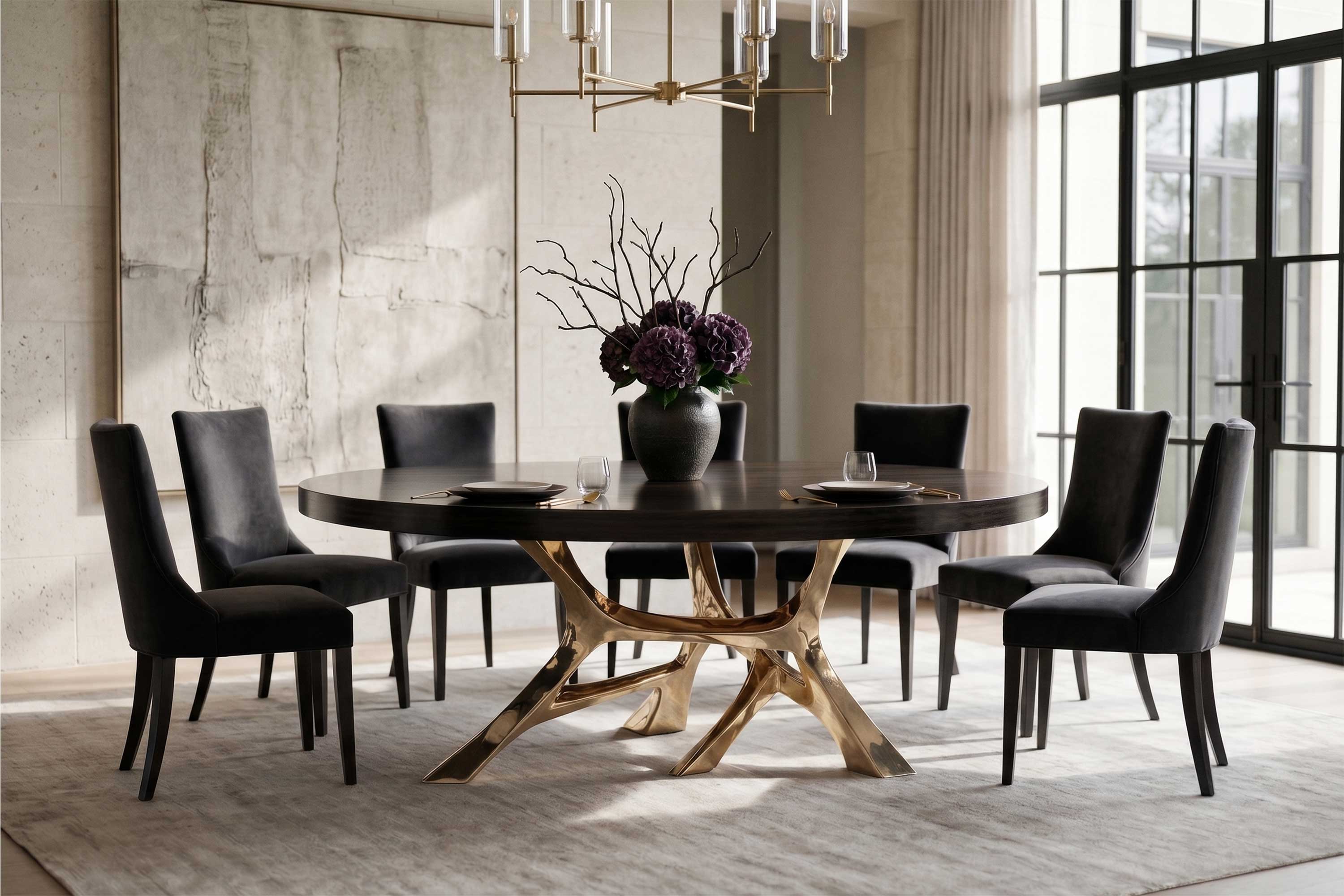 Vena Round Dining Table in polished bronze, sculptural flowing-base round table staged in a grand ornate interior with chandelier — Palena Studio