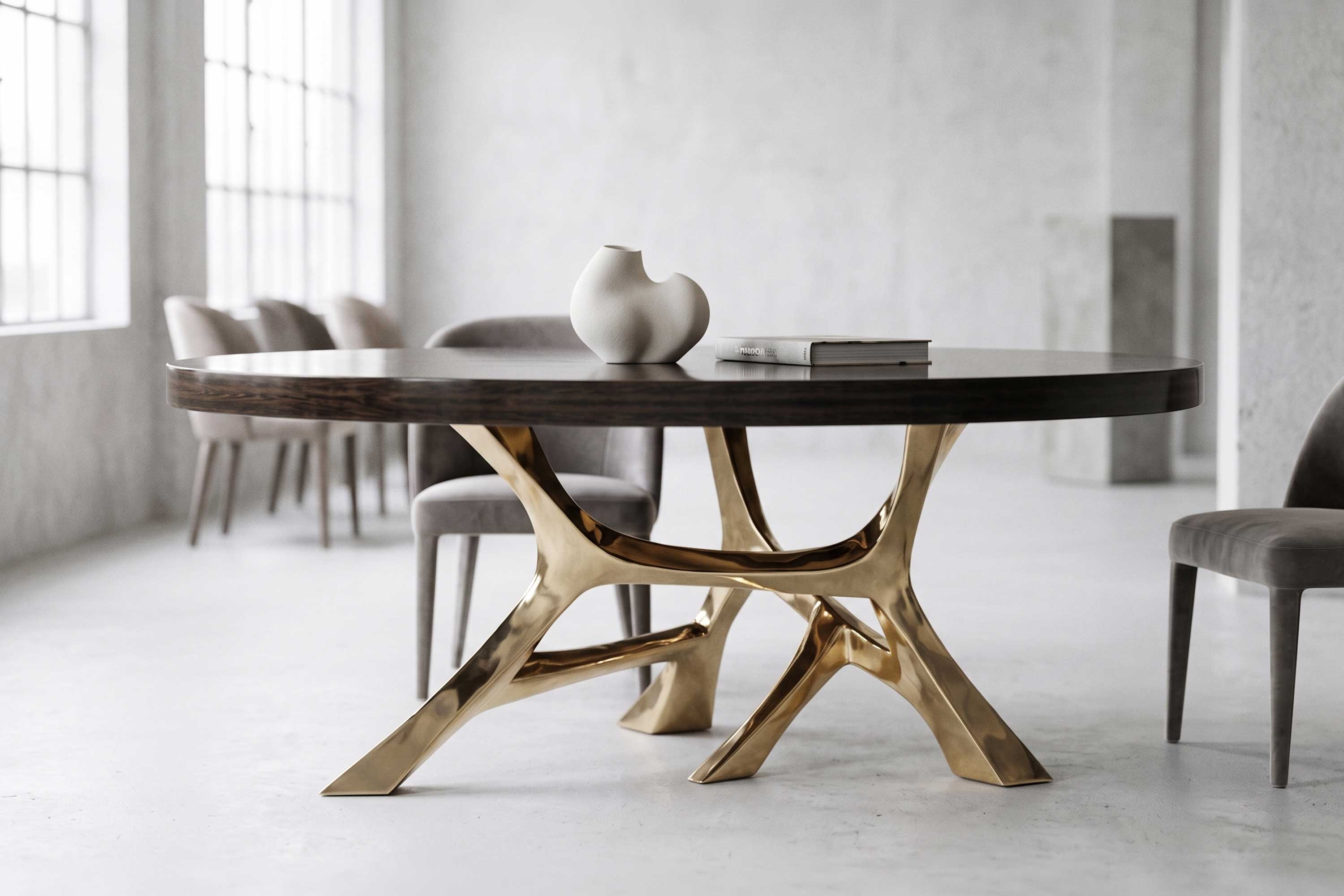 Vena Round Dining Table in polished bronze, sculptural organic-form table staged in a refined contemporary interior with decorative objects — Palena Studio
