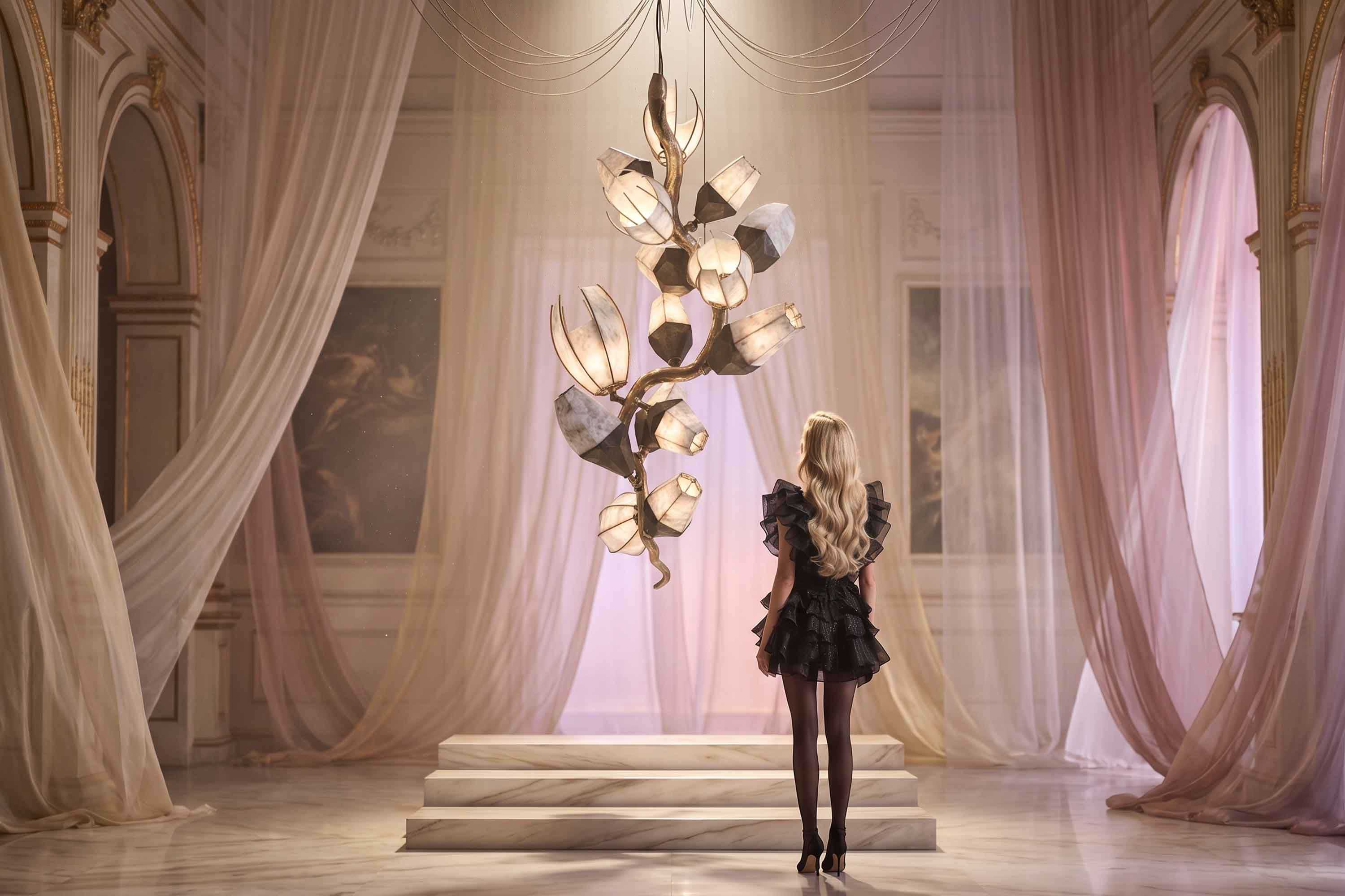 A woman in a short black dress stands in an elegant room with sheer curtains, marble floors, and a large, modern chandelier hanging above white steps.