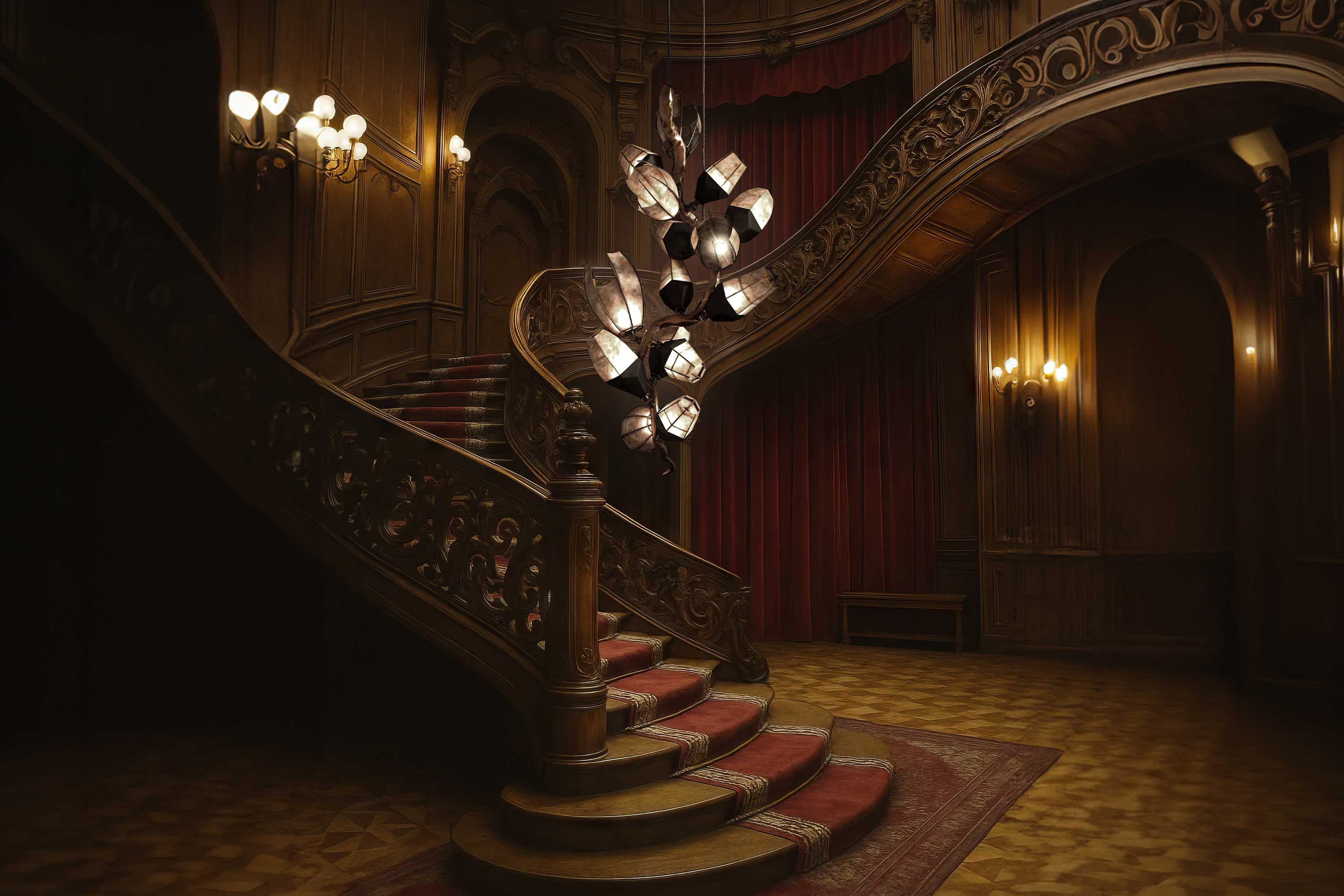 A grand wooden staircase with ornate railings and red carpet leads to an upper floor in an opulent, dimly lit room. A modern chandelier hangs in the foreground; red curtains and wall lamps are visible in the background.