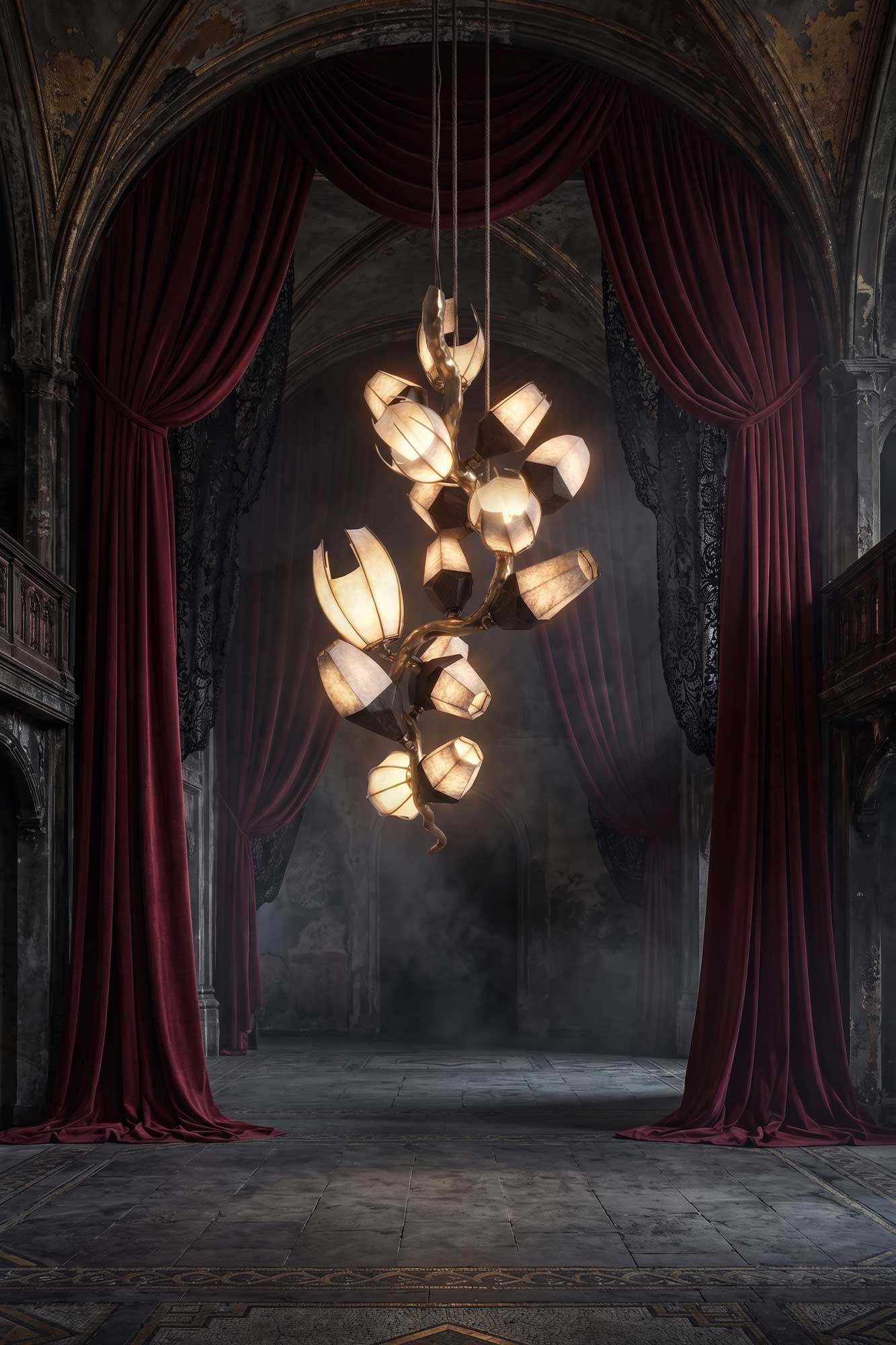 A large, sculptural chandelier with glowing petals hangs in the center of an ornate, dimly lit room with high arched ceilings, red velvet curtains, stone flooring, and dramatic drapery.