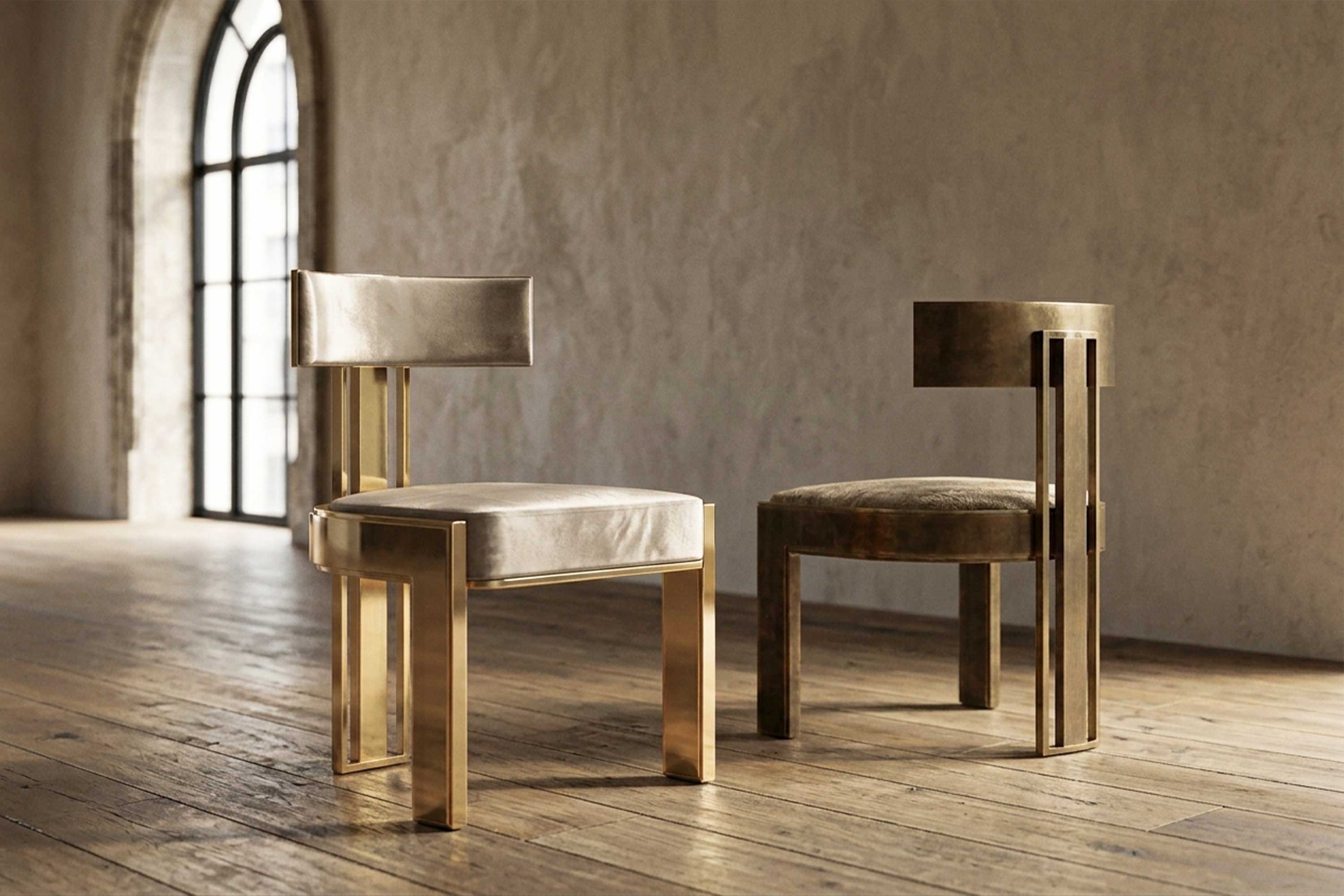 Two Bellus Chairs in patina bronze with polished bronze detailing and velvet upholstery, staged in a plaster interior with a tall arched window — Palena Studio