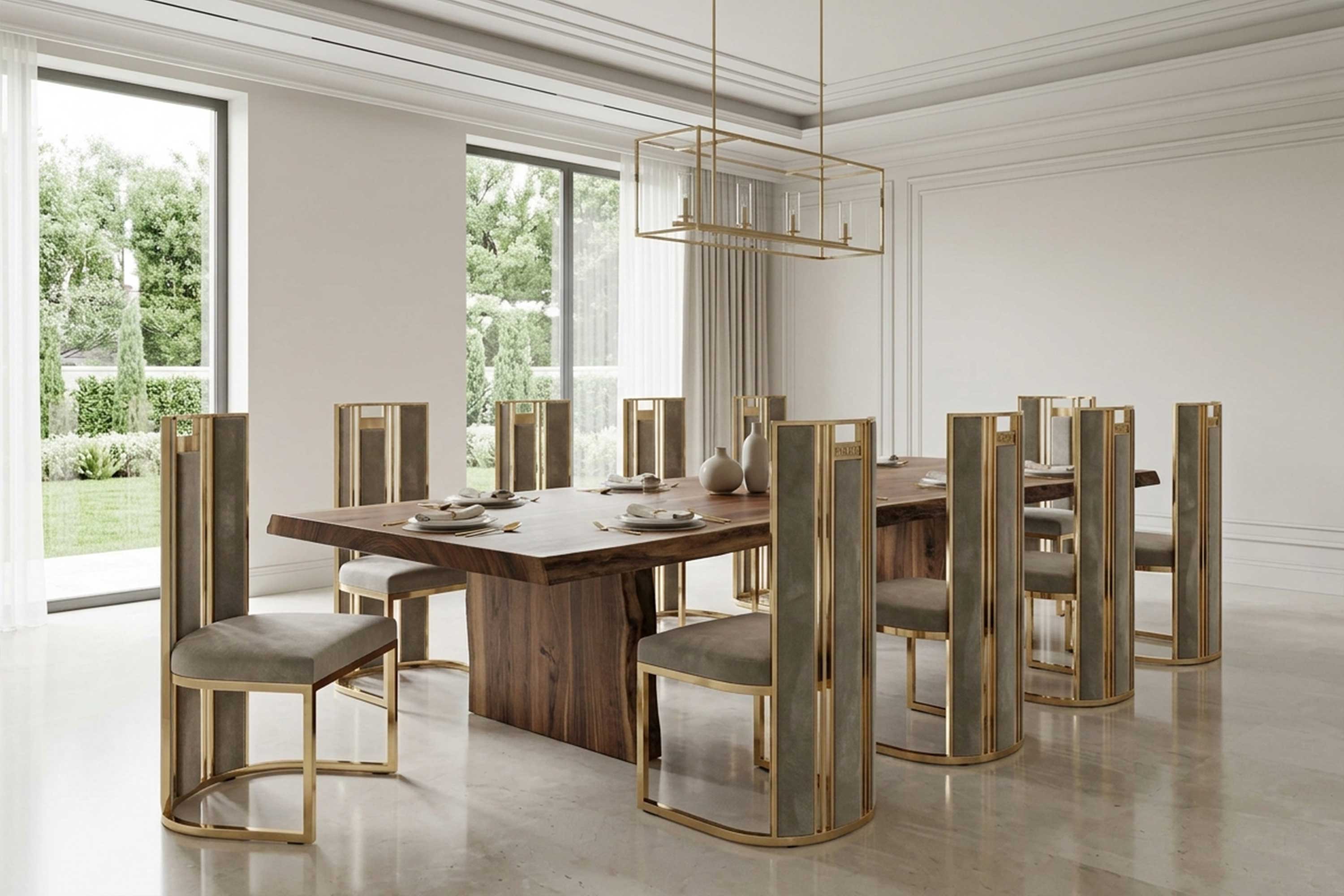 Colonna Chairs with polished bronze fluted frames and velvet inserts around a live edge wood table, staged in a bright interior with garden views and a linear pendant — Palena Studio