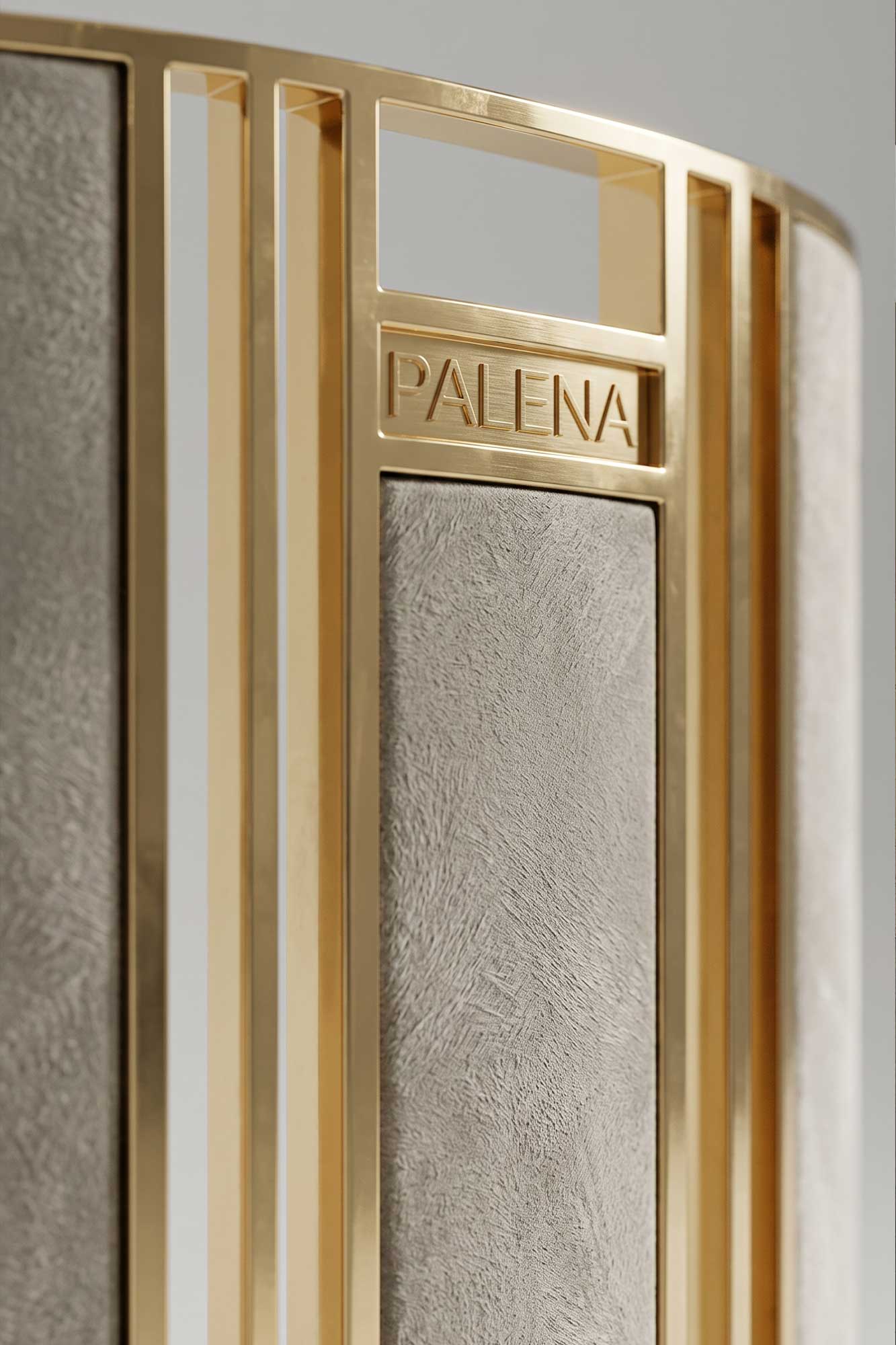 Colonna Chair detail of the polished bronze fluted frame, velvet insert and engraved Palena nameplate — Palena Studio