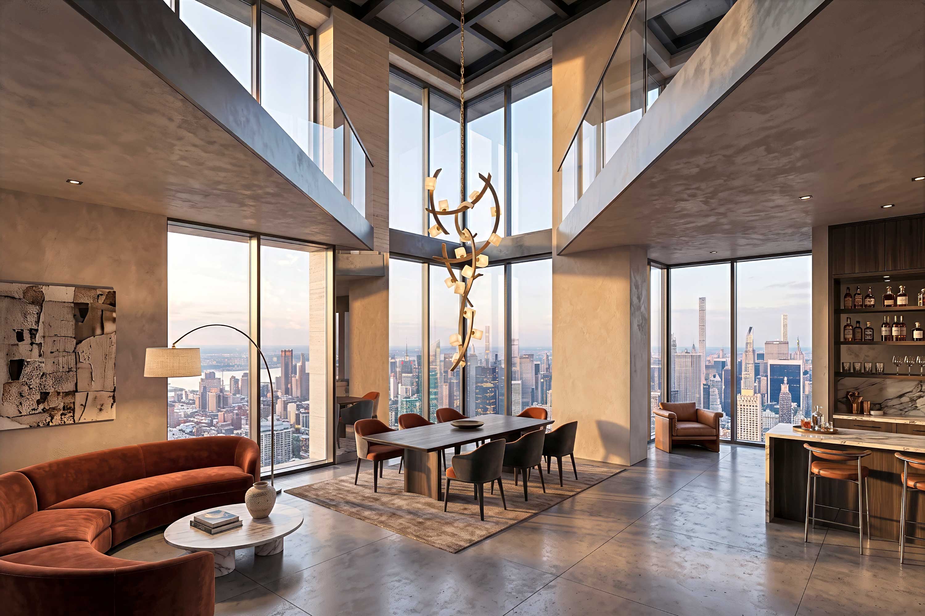 Cirro Vertical chandelier in patina bronze with ivory onyx cubes, suspended in a tall penthouse atrium at sunset with a curved sofa and city views — Palena Studio
