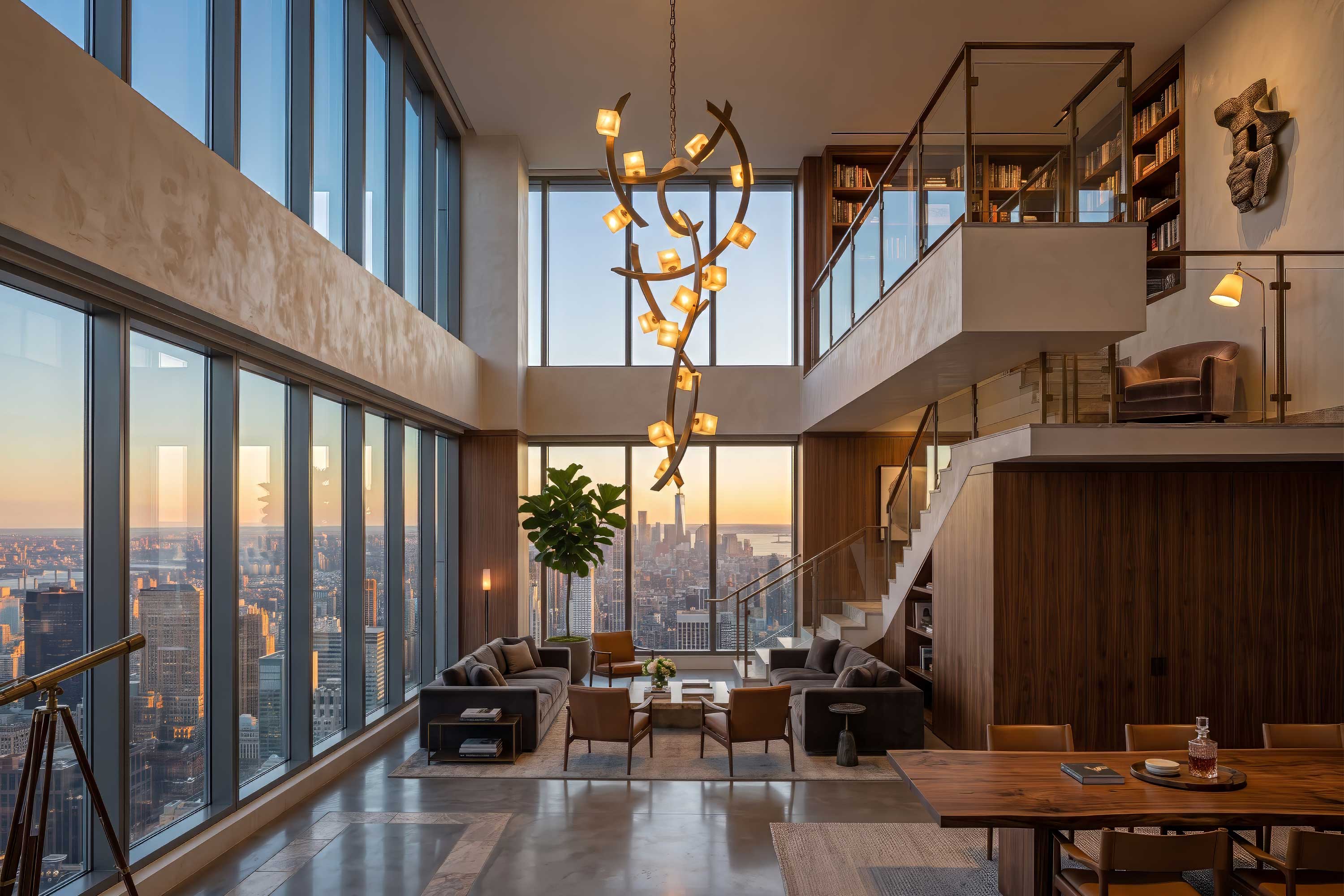 Cirro Vertical chandelier in patina bronze with ivory onyx cubes, hanging in a double height penthouse with a mezzanine library and city views at dusk — Palena Studio