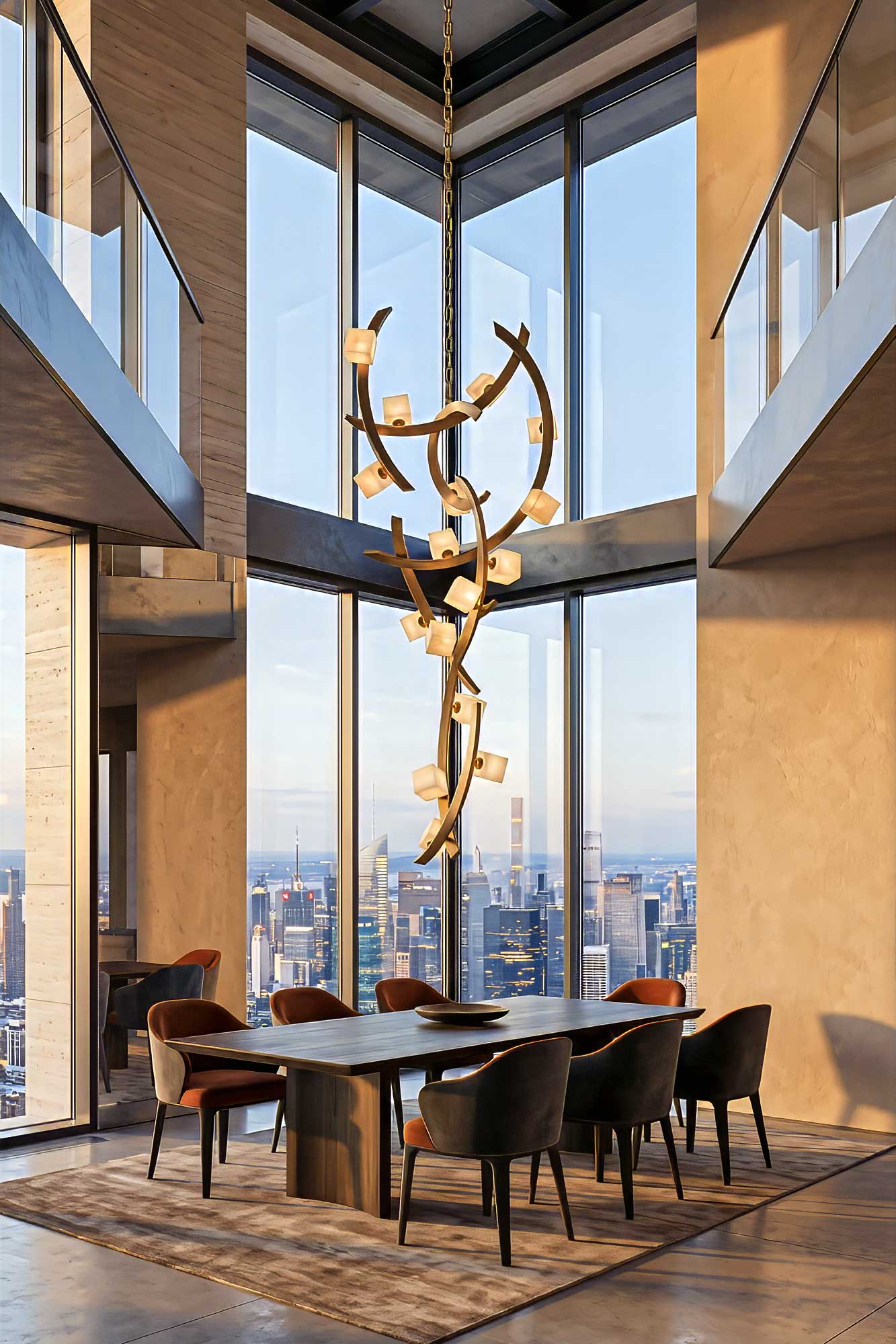 Cirro Vertical chandelier in patina bronze with ivory onyx cubes, hanging above a table in a double height penthouse with city views — Palena Studio