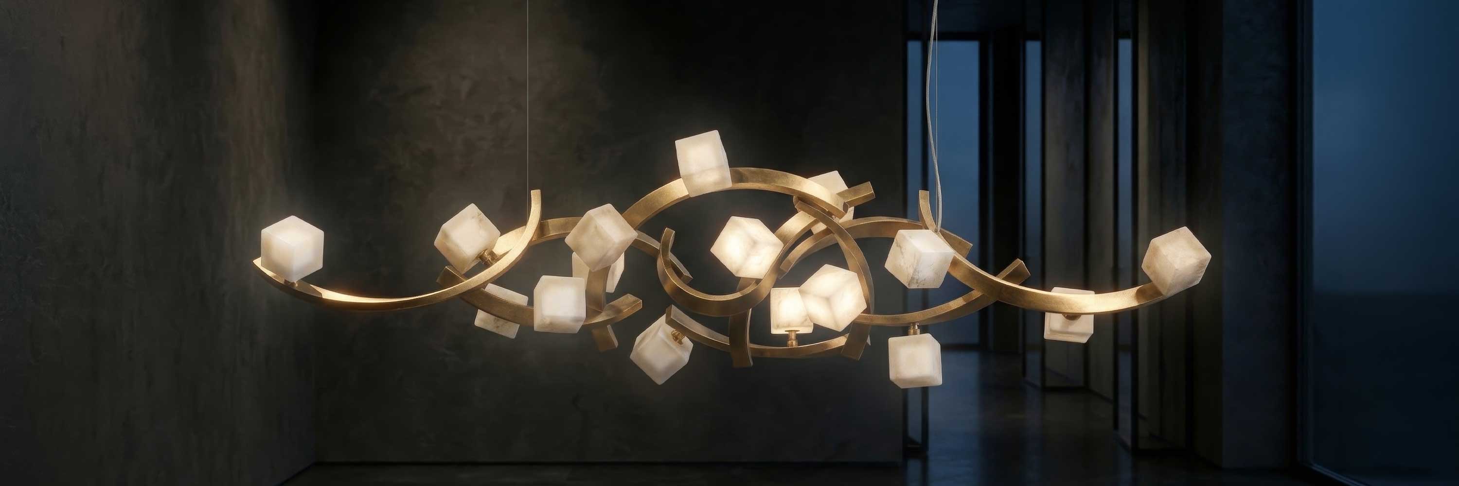 Cirro chandelier, interlocking bronze arcs with onyx cubes