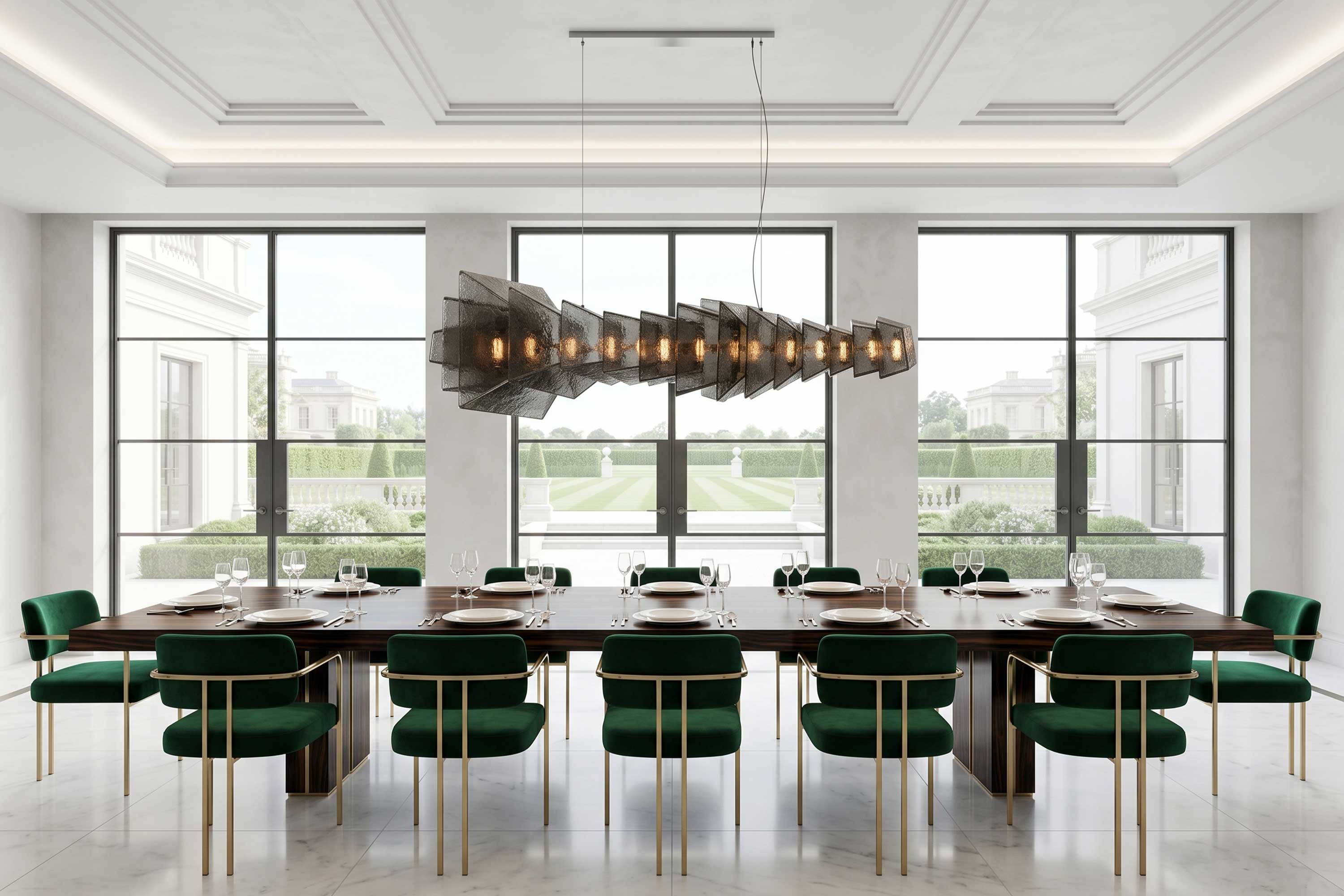Gellus chandelier in frosted cast glass with a polished bronze core, above a long table in a room with tall black framed windows onto a formal garden — Palena Studio