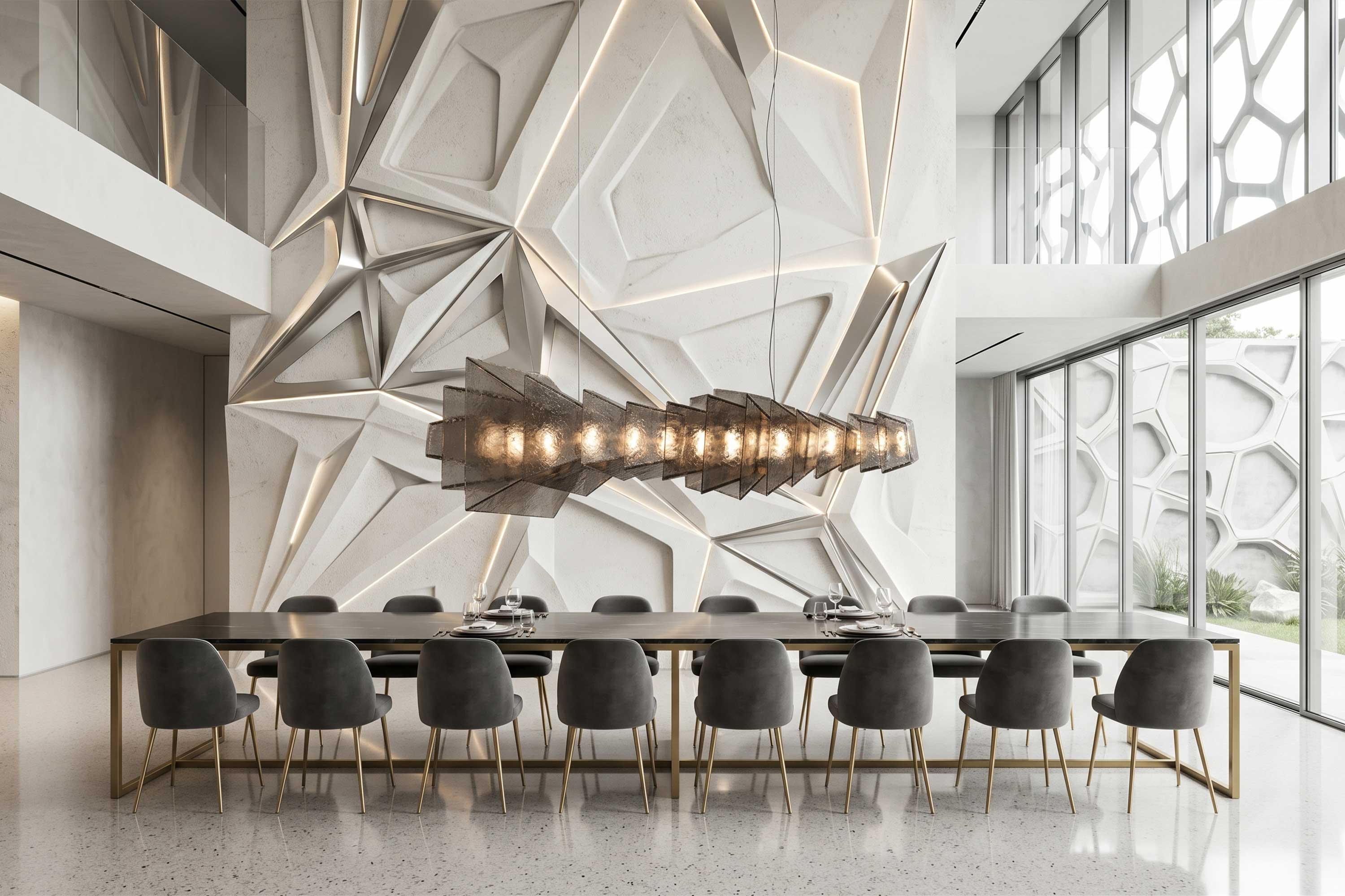 Gellus chandelier in frosted cast glass with a polished bronze core, above a long table in a double height interior with a sculptural faceted white wall — Palena Studio