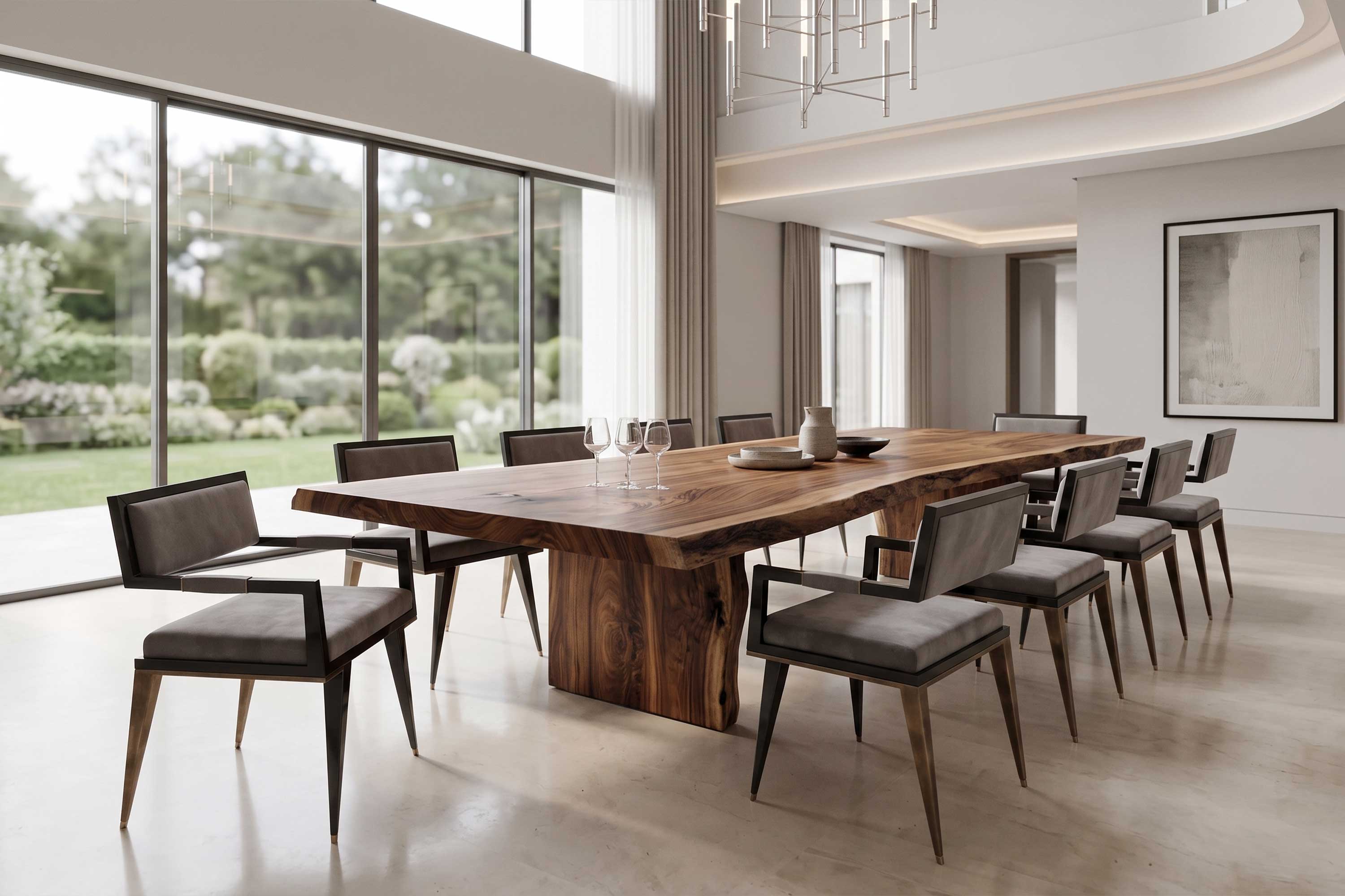 Le Loup Chairs with obsidian lacquer frames and patina bronze legs around a live edge wood table, staged in a bright double height interior with garden views — Palena Studio